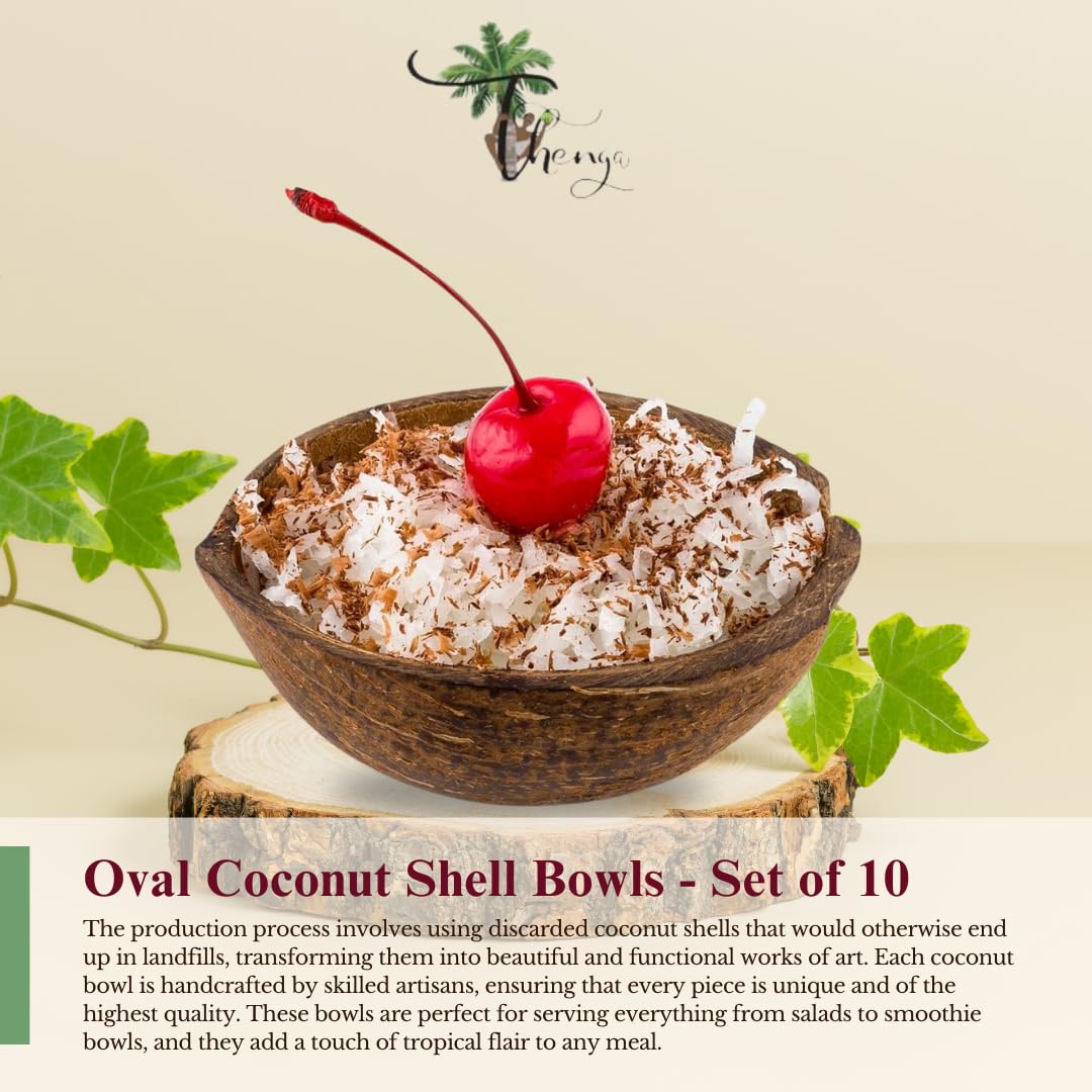 Organic Coconut Shell Bowls Set of 10 - 150ml Natural Oval Serving Dishes for Ice Cream, Snacks, Fruits, Salads | Eco-Friendly Partyware & Catering Supplies for Weddings, Picnics, Home Decor