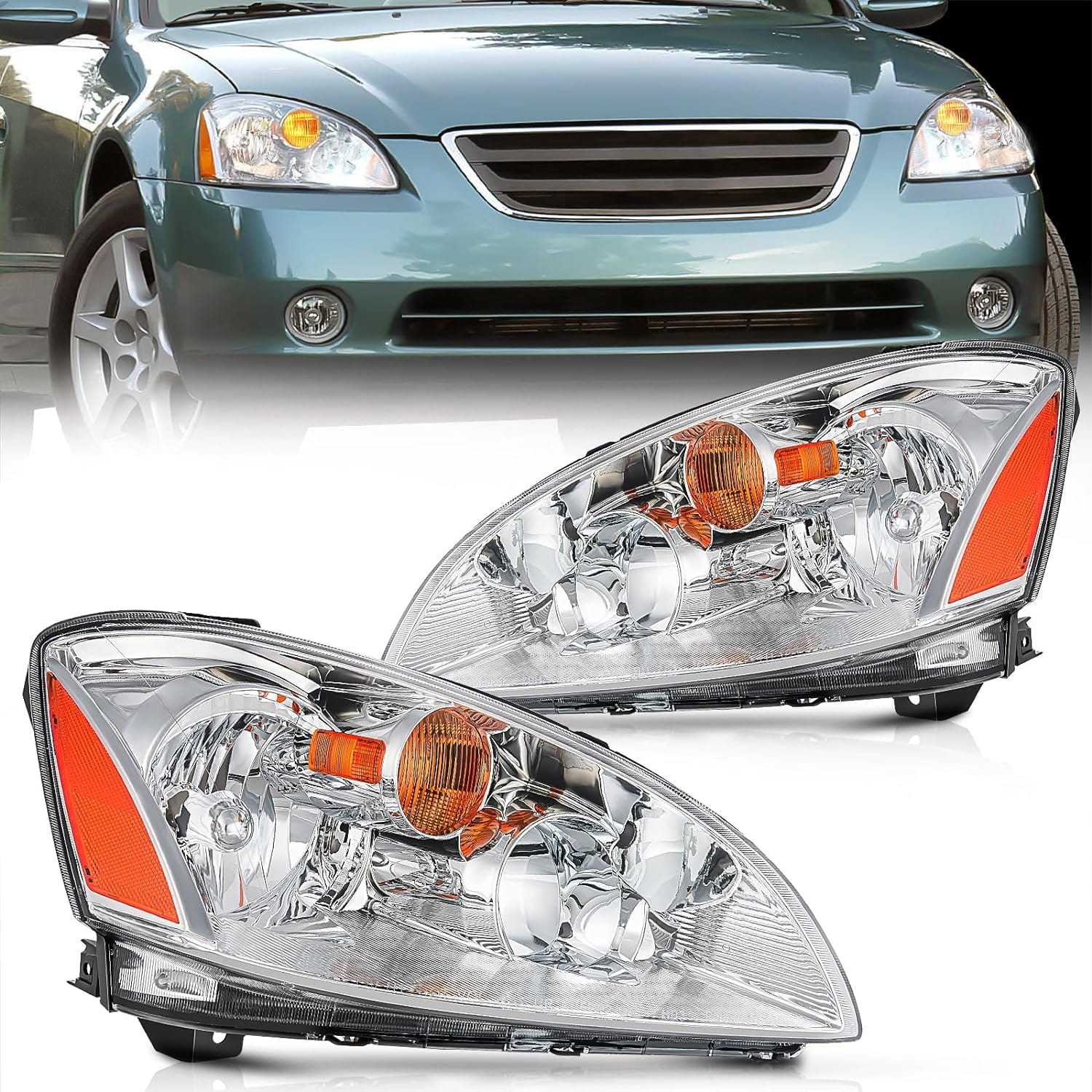 2002-2004 Nissan Altima Headlight Assembly - Chrome Housing with Amber Reflector & Clear Lens - Replacement for Foggy or Broken Headlights - Perfect for Night Driving and Car Restoration Projects