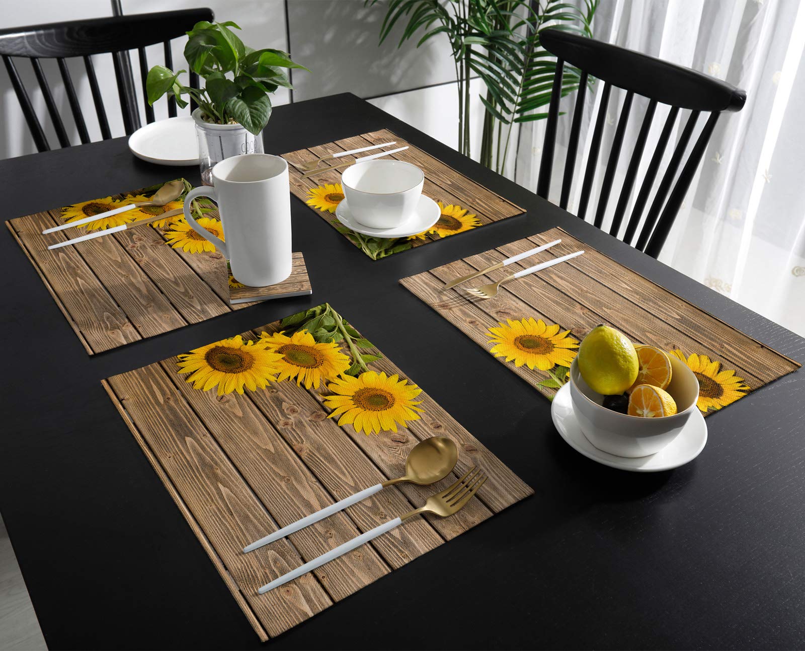 4-Pack Heat-Resistant Sunflower Placemats for Dining Table - 12x18 Inch Linen Table Mats with Wooden Plank Summer Garden Design - Perfect for Home Decor, Kitchen, Picnics & Outdoor Dining