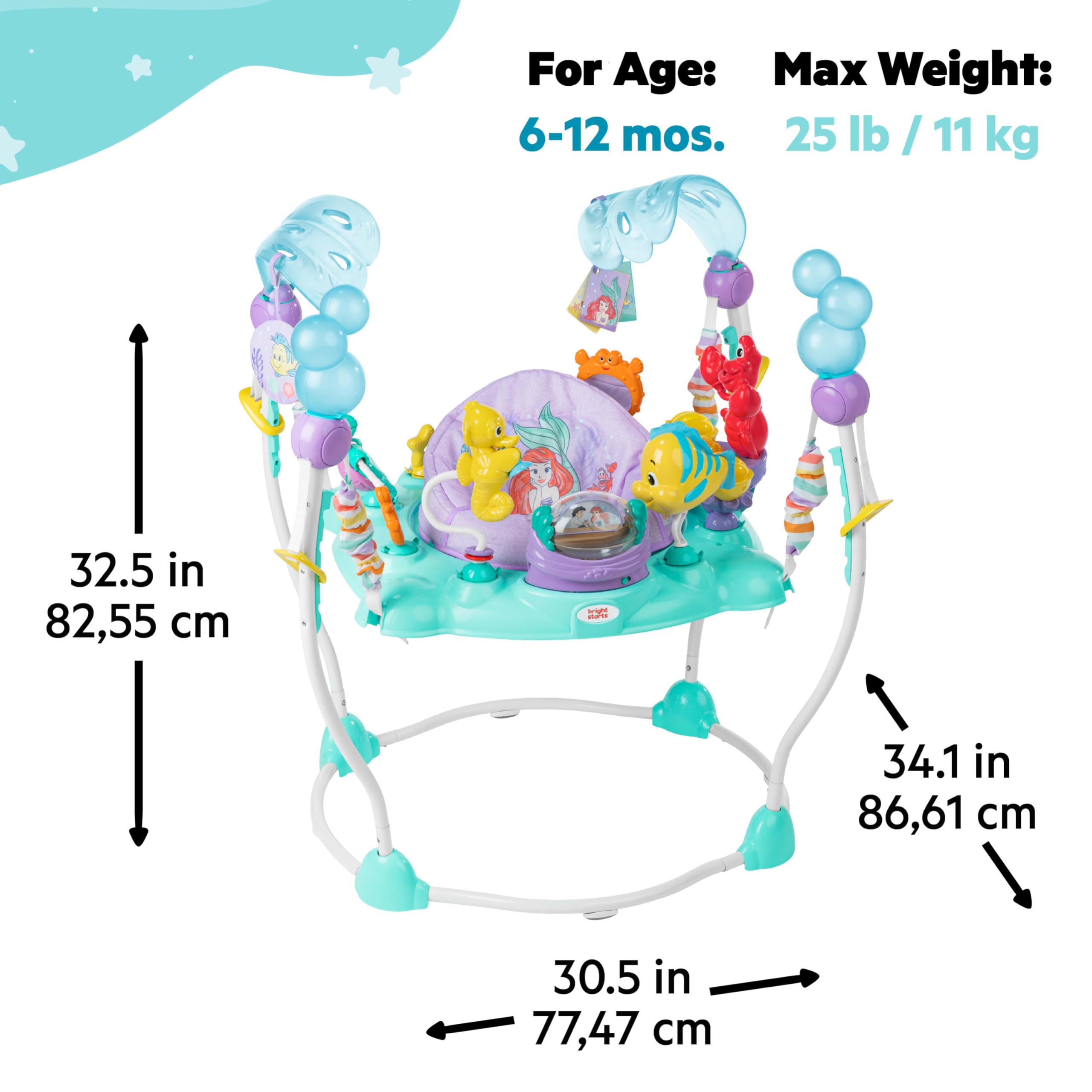Bright Starts Disney The Little Mermaid Sea of Activities Baby Activity Jumper - Interactive Toys with Lights & Music Featuring Princess Ariel, for Infants 6-12 Months (Blue) | Perfect for Playtime, Early Development & Disney-Themed Nursery Decor