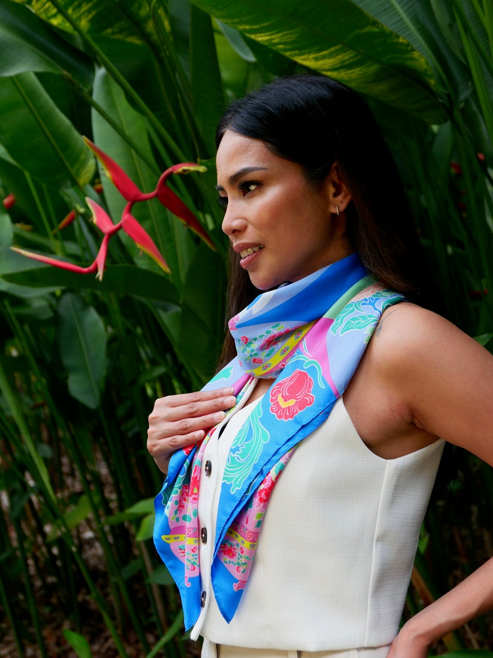 Luxury Peranakan Bricolage Silk Scarf - Premium Handmade Batik Shawl for Women, Elegant Fashion Accessory for Parties, Weddings & Special Occasions