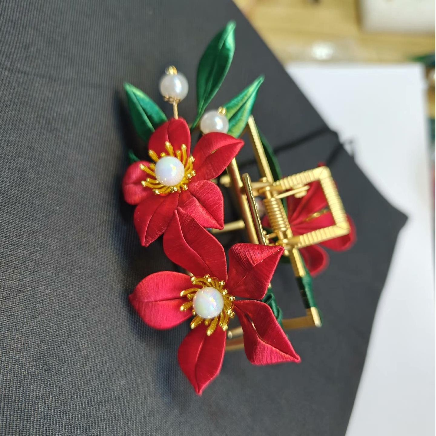 Handmade Silk Hair Clip - Red Flower Design (Chanhua) for Women, Girls, Bridal, Party, Wedding Accessories