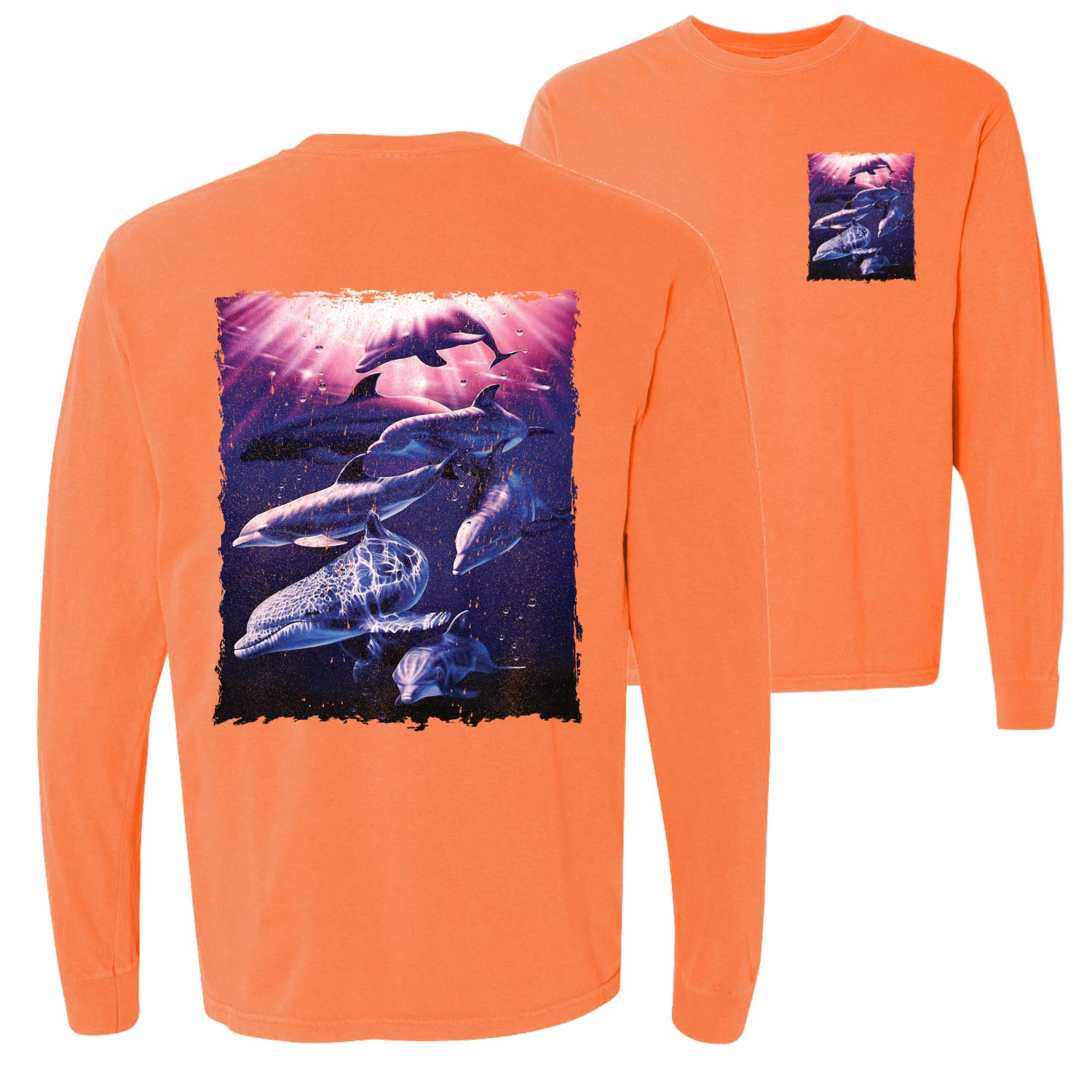 Whale and Dolphin Nautical Animal Lover Long Sleeve T-Shirt - Front & Back Garment-Dyed Design for Ocean Lovers, Beach Outings, and Marine Wildlife Enthusiasts