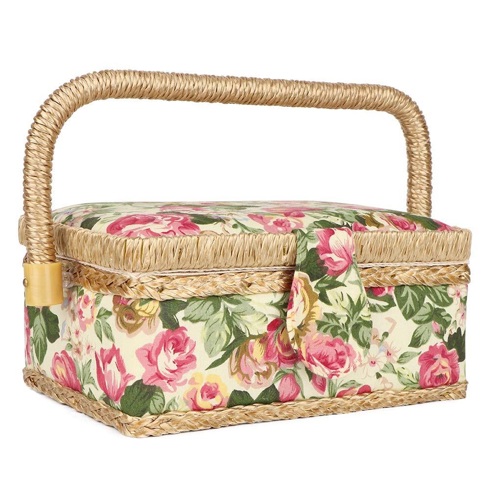 Portable Sewing Basket for Buttons, Scissors & Thread - Household Sewing Kit with Storage Organizer (Pastoral Rose Design) - Perfect for Home, Travel & Craft Projects