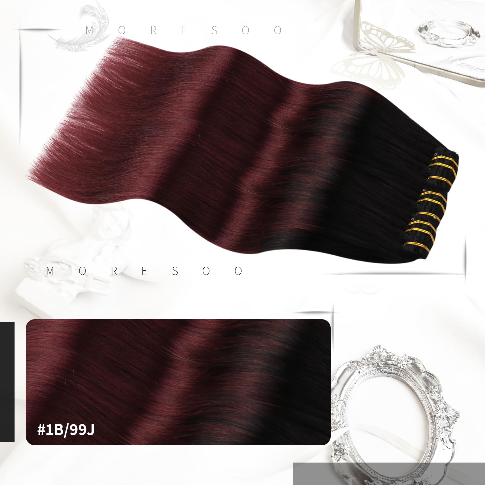 Premium Moresoo Burgundy Tape-In & Clip-In Hair Extensions - 20pcs/50g + 7pcs/120g Balayage Black to Red Wine Human Hair Bundle for Length & Volume | Perfect for Parties, Weddings & Daily Styling