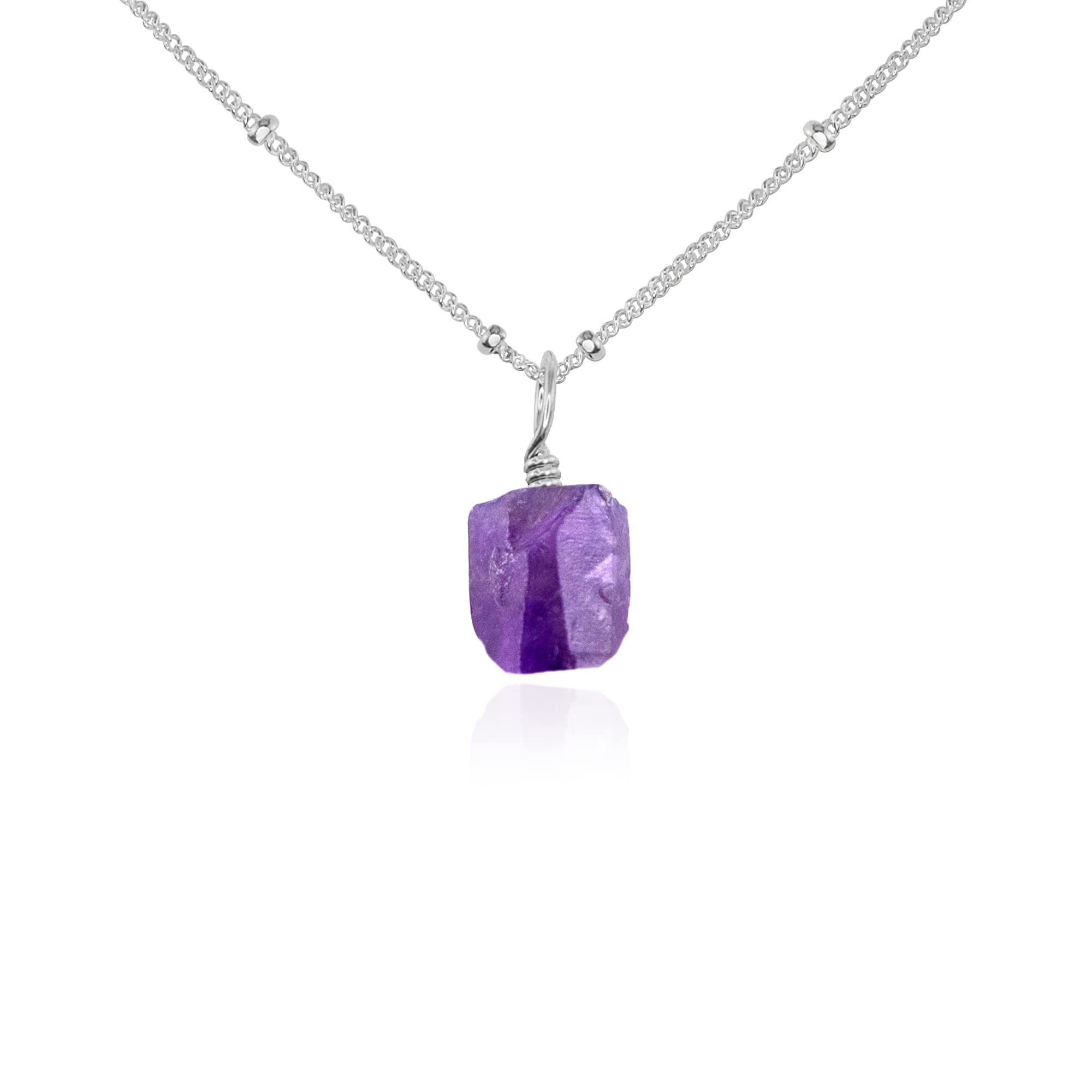 Natural Amethyst Raw Crystal Pendant Necklace - Sterling Silver Satellite Chain - Spiritual Healing Jewelry for Women - Perfect for Meditation, Yoga & Energy Balancing