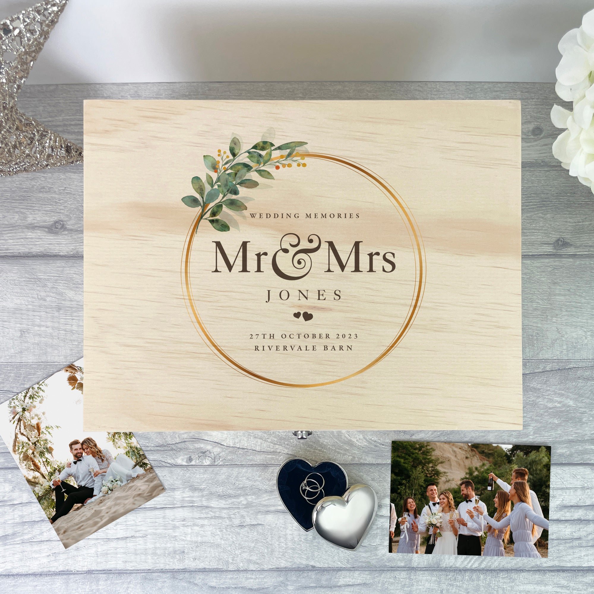 Personalized Wooden Wedding Wreath Keepsake Memory Box - Handcrafted Gift for Couples (5 Sizes: 16cm, 20cm, 26cm, 30cm, 36cm) - Perfect for Anniversaries, Bridal Showers & Home Decor