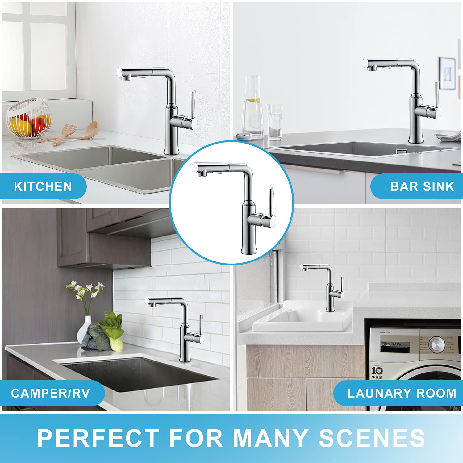 CREA Bar Sink Faucet - Pull Down Sprayer Kitchen Faucet with Magnetic Docking, Compact RV & Camper Faucet in Chrome Finish - Perfect for Small Kitchens, Laundry Rooms, Outdoor Bars & Tiny Homes