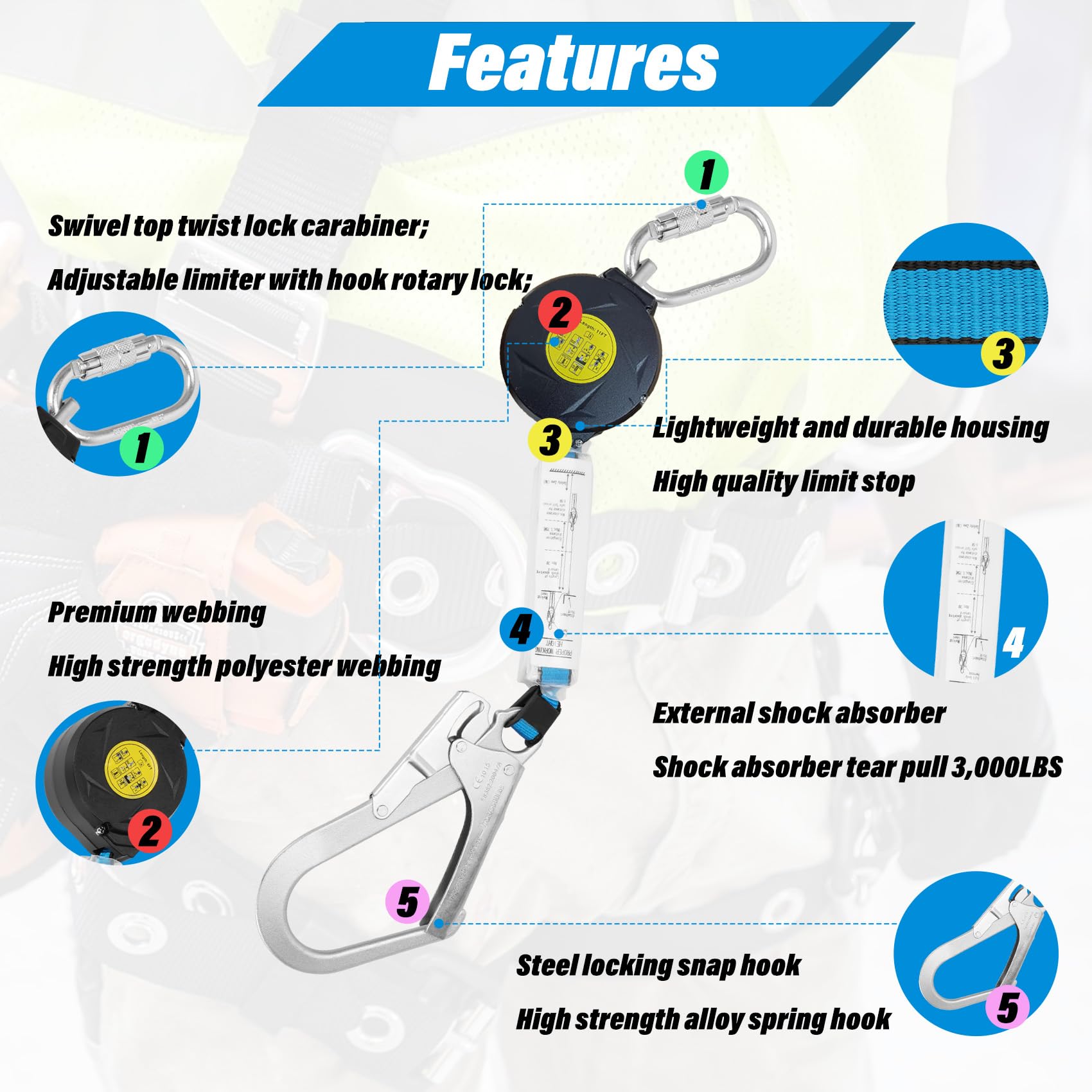 11FT Self Retracting Lifeline with Swivel Hook & Shock Absorber - OSHA Compliant Fall Protection Lanyard for Roofing, Construction & Industrial Work Safety (House Building, Warehouse Maintenance)