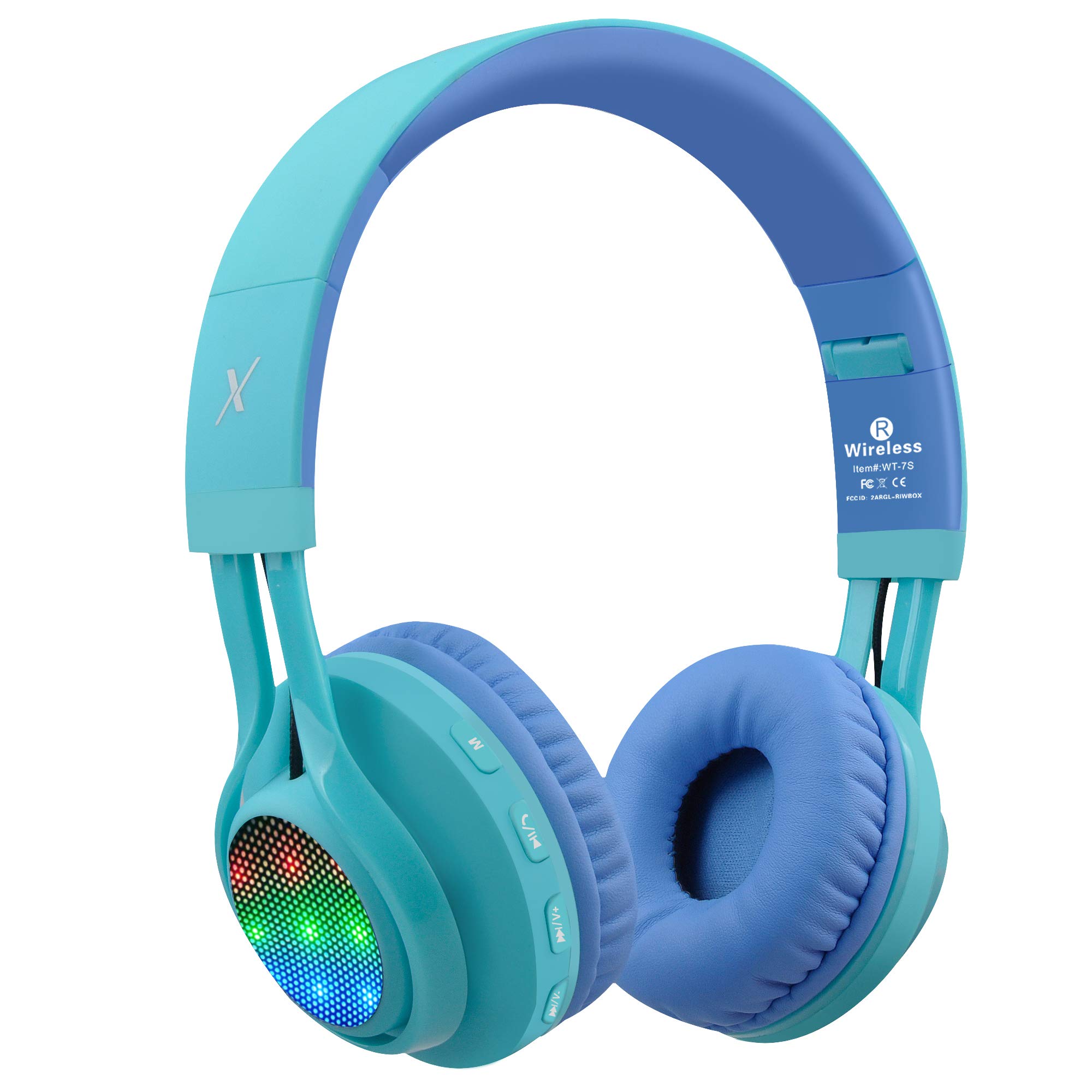 Riwbox WT-7S Kids Bluetooth Headphones with LED Lights - Wireless Foldable Stereo Headset with Built-in Mic & Volume Control - Compatible with PC, Tablet, TV - Perfect for School, Travel & Home Use (Blue)