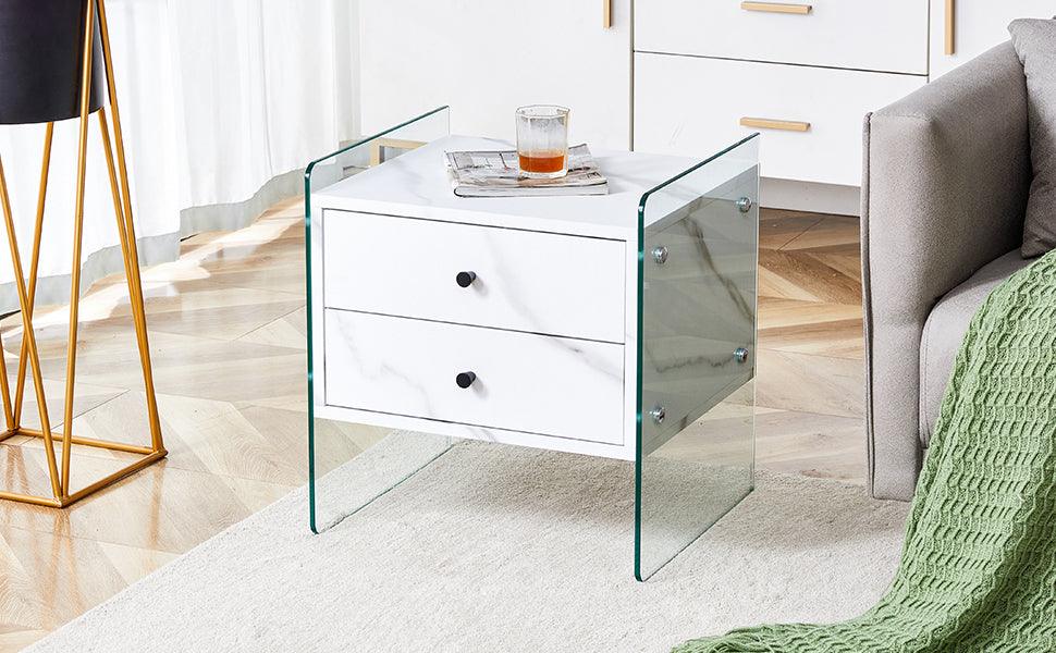 Modern Double Drawer Bedside Table with MDF Sticker Surface & Tempered Glass Sides - Simple Elegant Design, Excellent Storage for Bedroom, Living Room, or Office Use