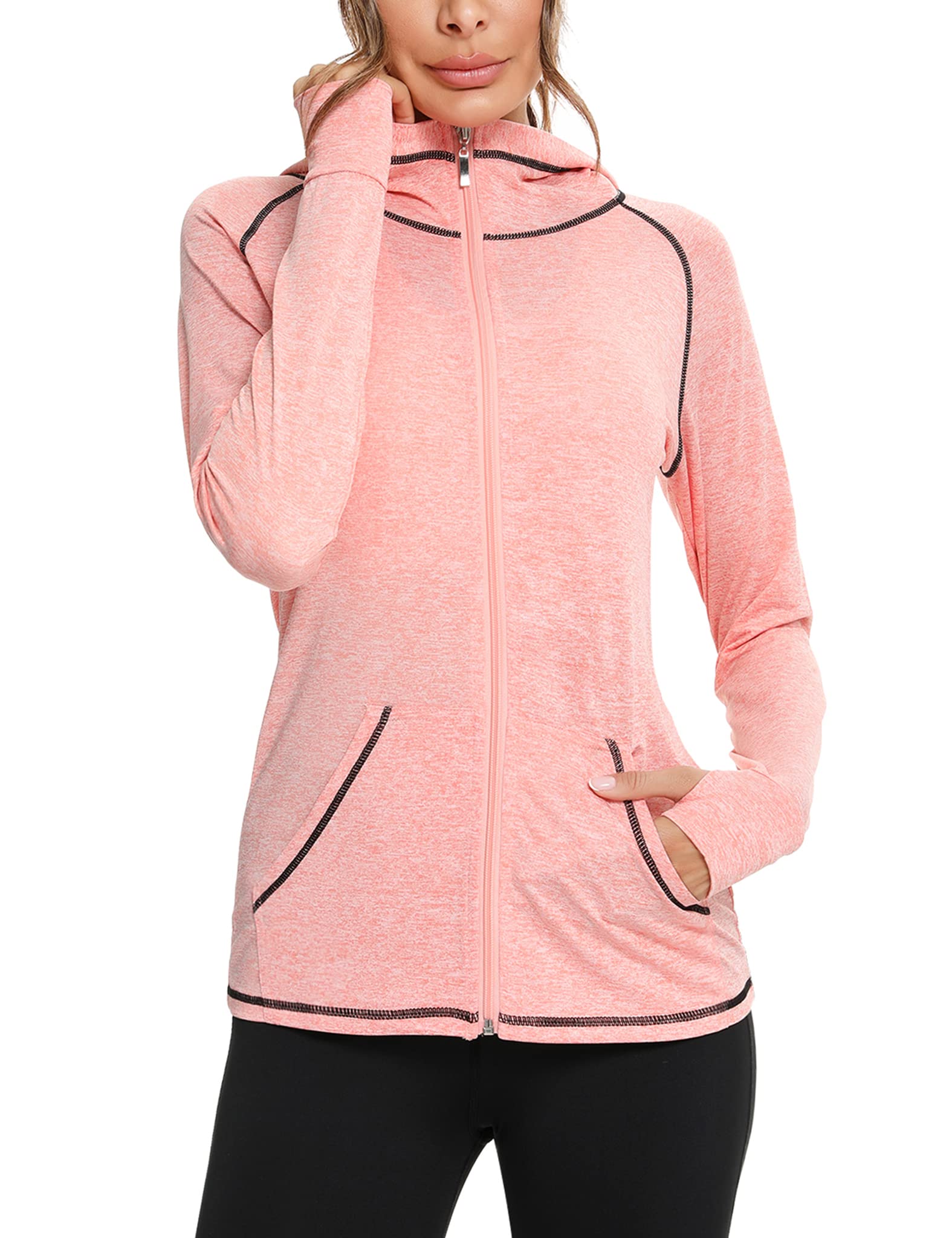 Sykooria Women's Lightweight Zip Hooded Jacket - Long Sleeve Sports Sweatshirt with Pockets for Running, Yoga & Fitness - Perfect for Outdoor Workouts & Casual Wear