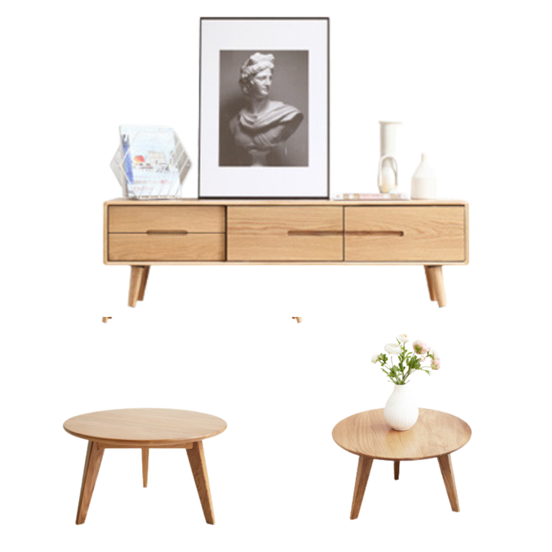 59.1x12.6x15.7 inch/ 150x32x40сm/ Natural Wood color/ TV stand sliding doors + large and small roundtable