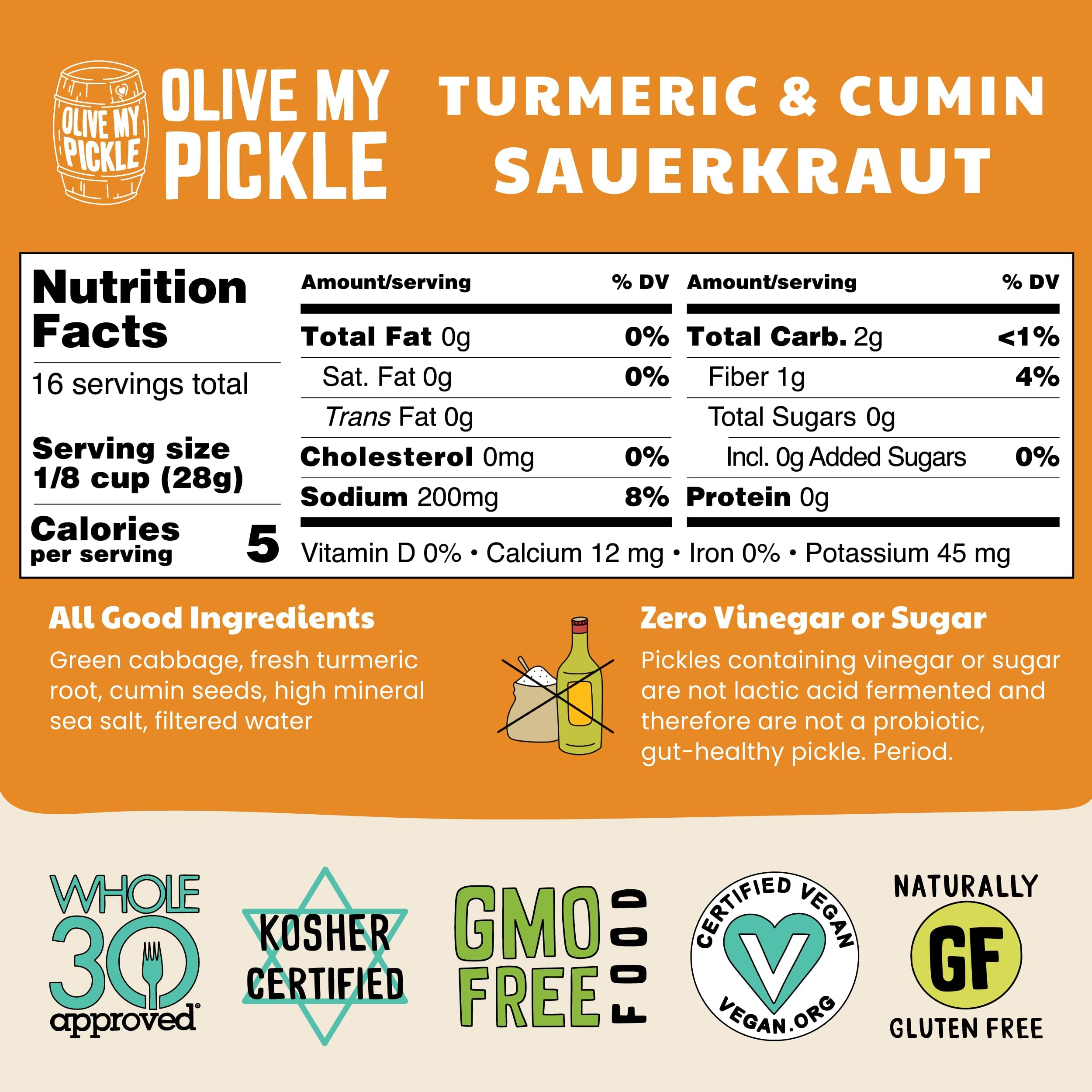 Olive My Pickle Fermented Sauerkraut - 2-Pack (32oz) | Probiotic Turmeric & Cumin for Gut Health - Perfect for Sandwiches & Salads