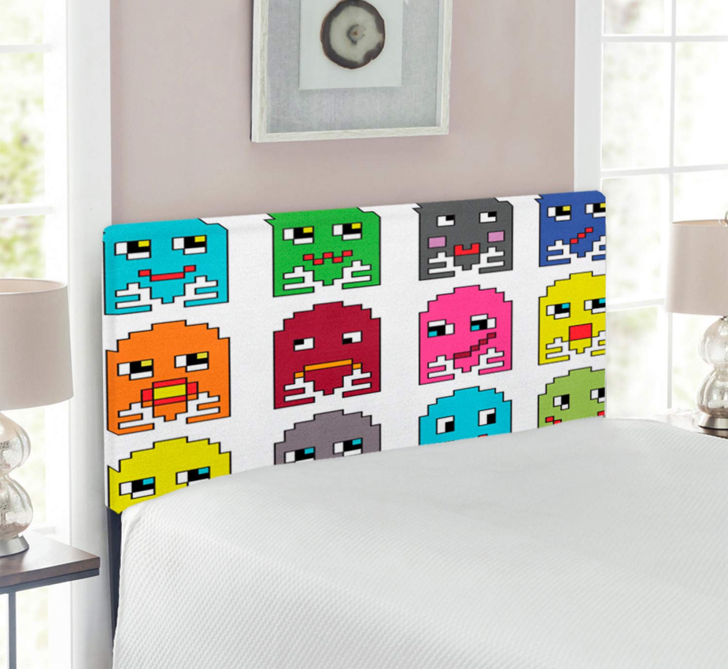 Ambesonne 90s Vintage Video Game Headboard - Twin Size Upholstered Metal Bed Frame with Memory Foam | Retro Cartoon Art Print in Green & Yellow | Perfect for Gamers' Bedrooms & Retro-Themed Decor