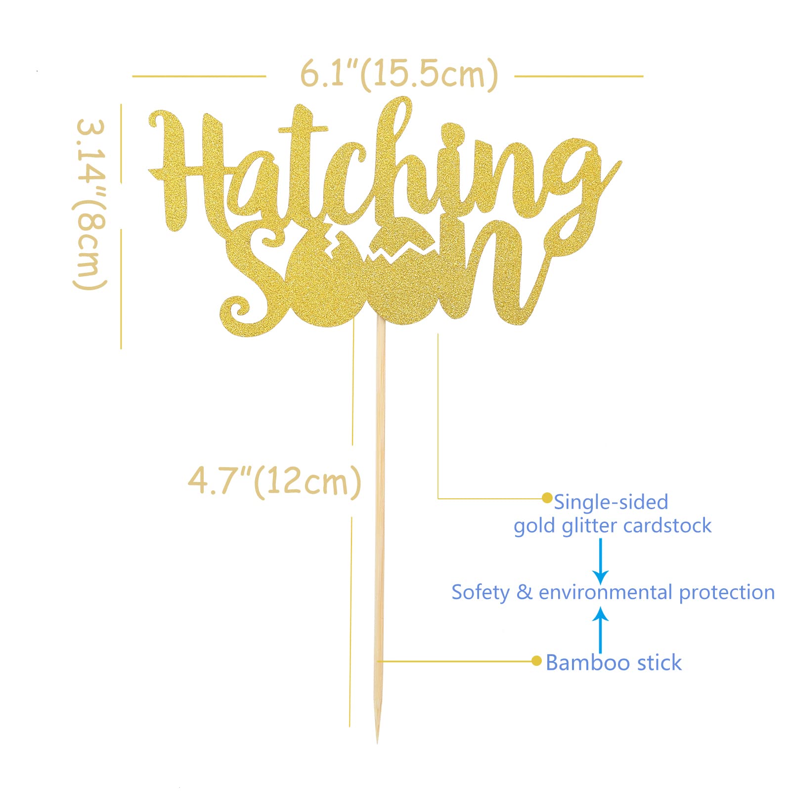 Dinosaur Theme 'Hatching Soon' Gold Glitter Cake Topper - Single-Sided Pregnancy & Baby Shower Decoration for Gender Reveal Parties | Perfect for Baby Showers, Gender Reveals & Nursery Decor