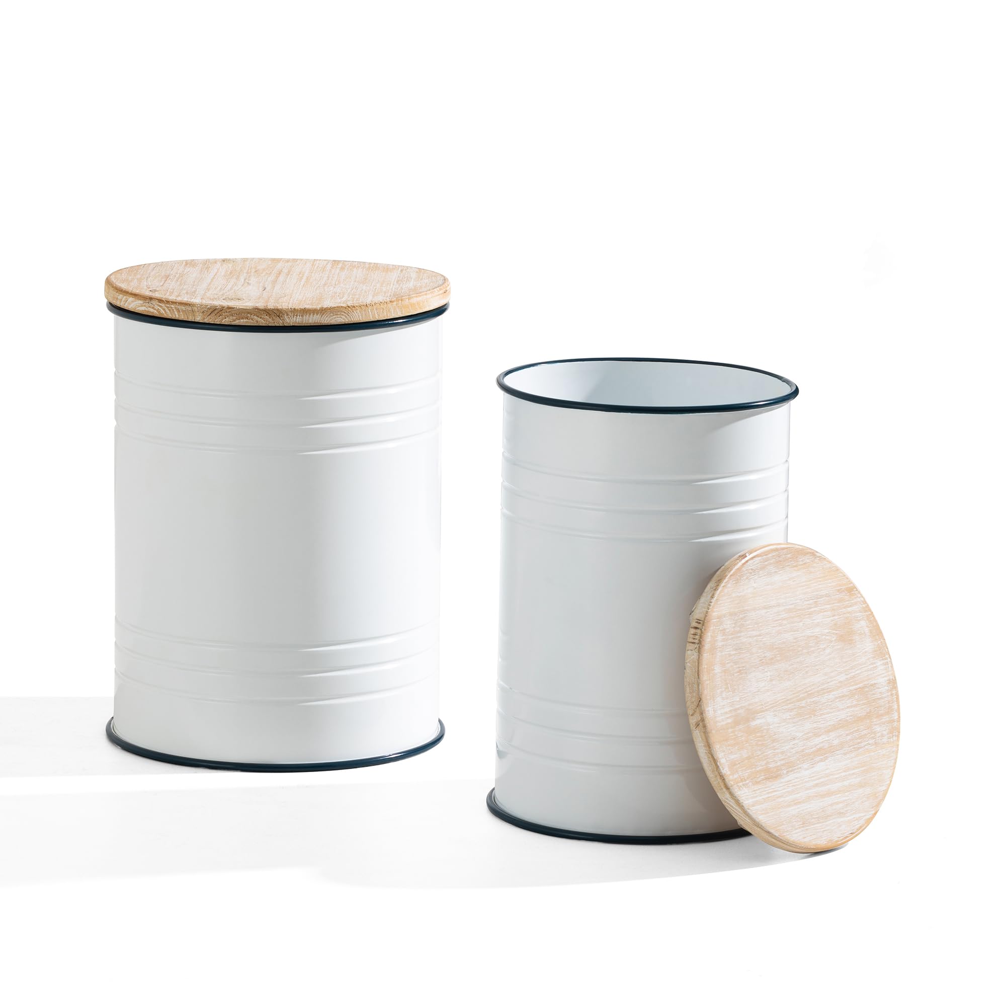 Glitzhome Rustic Storage Ottoman Seat Stool - Farmhouse End Table with Galvanized Dark Blue Rim & Round Wood Lid - Imitation Enamel Accent Side Table Toy Storage Bin for Living Room, Bedroom, Nursery - Set of 2 in White - Perfect for Home Decor, Extra Seating & Organization