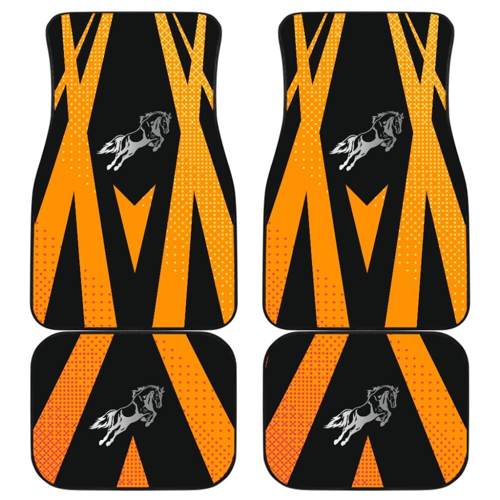 Premium Custom Mustang Horse Printed Car Floor Mats - Black & Orange Metallic Style - Durable All-Weather Protection for Ford Mustang 2015-2023 Models - Perfect for Car Enthusiasts & Gift Ideas