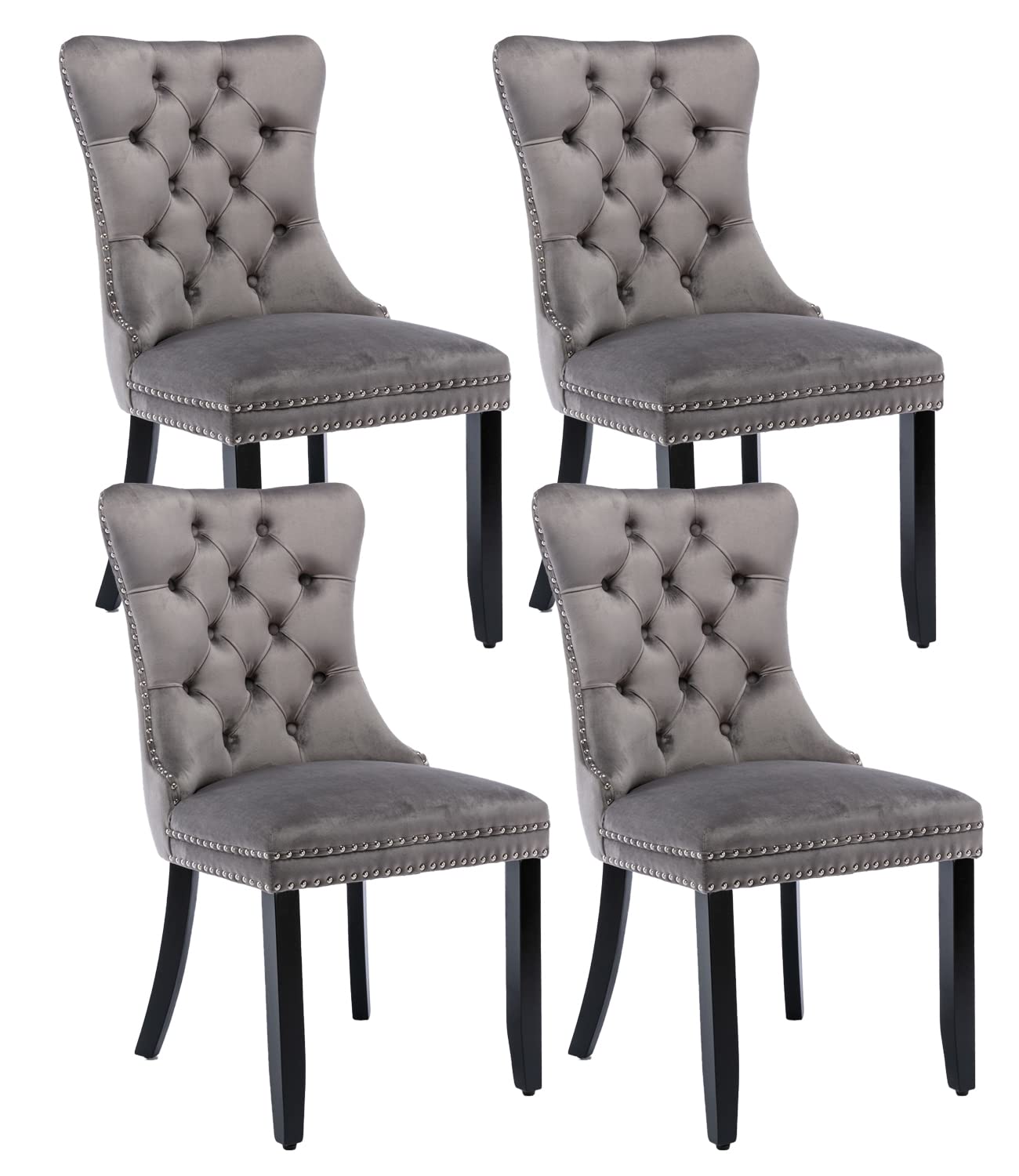 4 Grey Velvet Dining Chairs Set - Upholstered Modern Kitchen Chairs with Tufted Wingback Design, Ring Pull Trim & Solid Wood Legs for Dining Room, Living Room, Kitchen - Perfect for Home Decor, Restaurant & Office Use