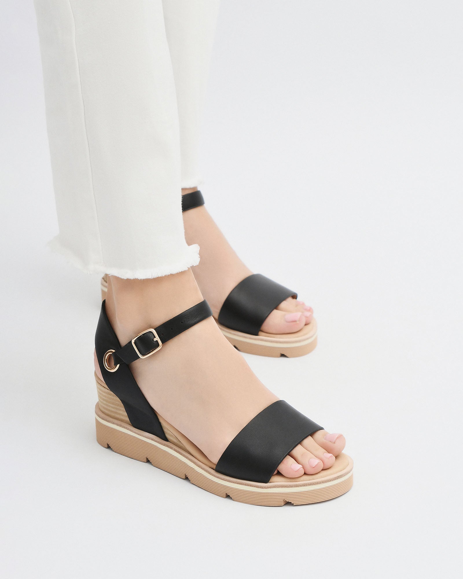 KATIE Women's Black Leather Mid Heel Wedge Sandals - Comfortable & Stylish for Summer, Beach, Parties & Casual Outings
