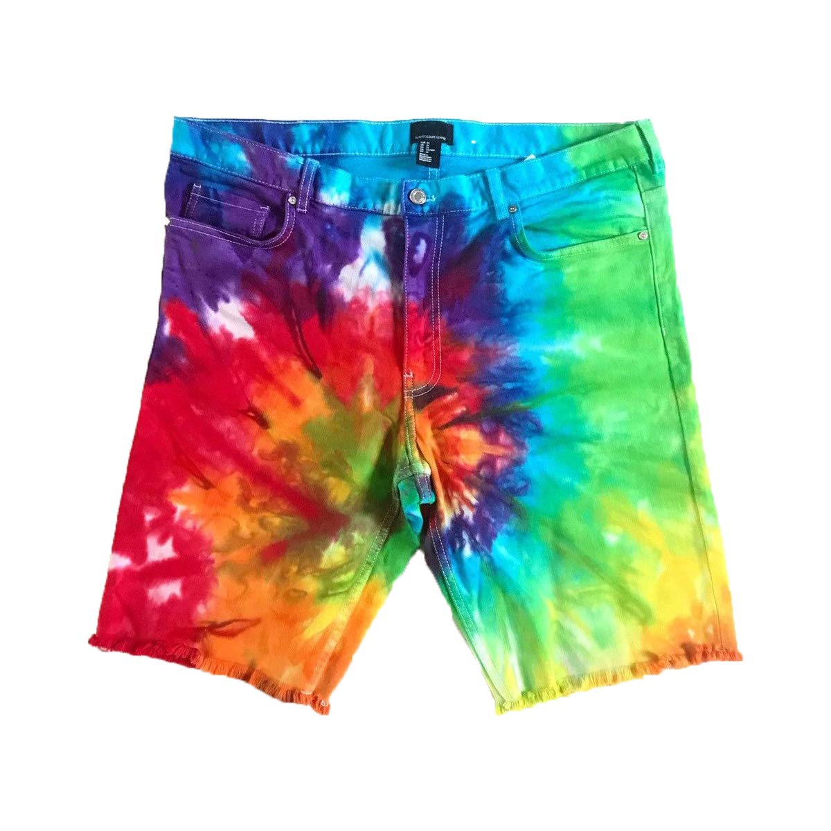 Tie Dye Men's Denim Shorts - Rainbow Color Distressed Jean Shorts for Men - Hippie Festival Fashion & Beach Party Outfit - Casual Summer Streetwear for Concerts & Vacations