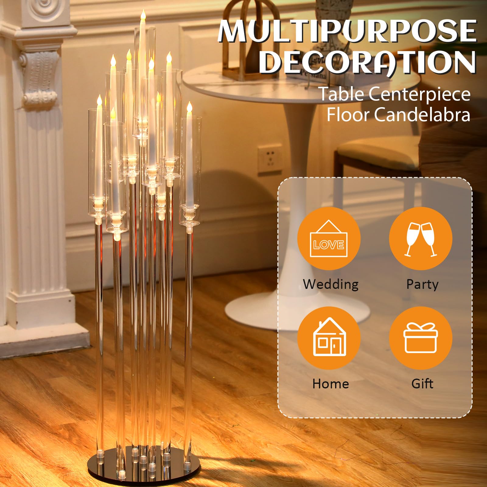 Tessco 4-Piece 9-Arm 42.5-Inch Clear Acrylic Candelabra Set - Elegant Table & Floor Centerpiece with Removable Lampshade - Perfect for Weddings, Parties & Home Decor - Fits 0.8 LED Candles