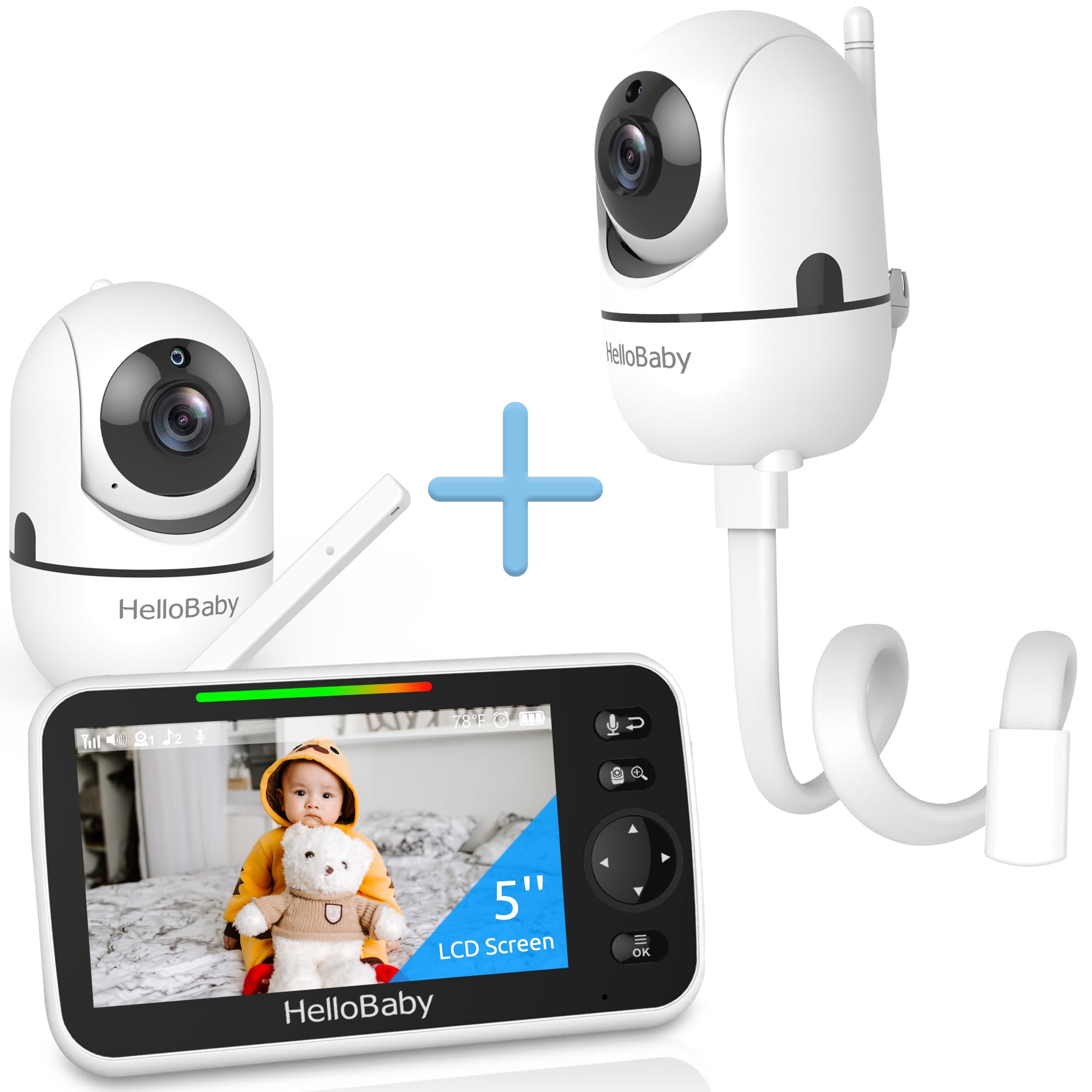 HelloBaby Upgrade 5-Inch Baby Monitor with 2 Cameras & Mount - 26-Hour Battery Life, No Tools or Wall Damage Required - Perfect for Nursery, Bedroom & Travel Use