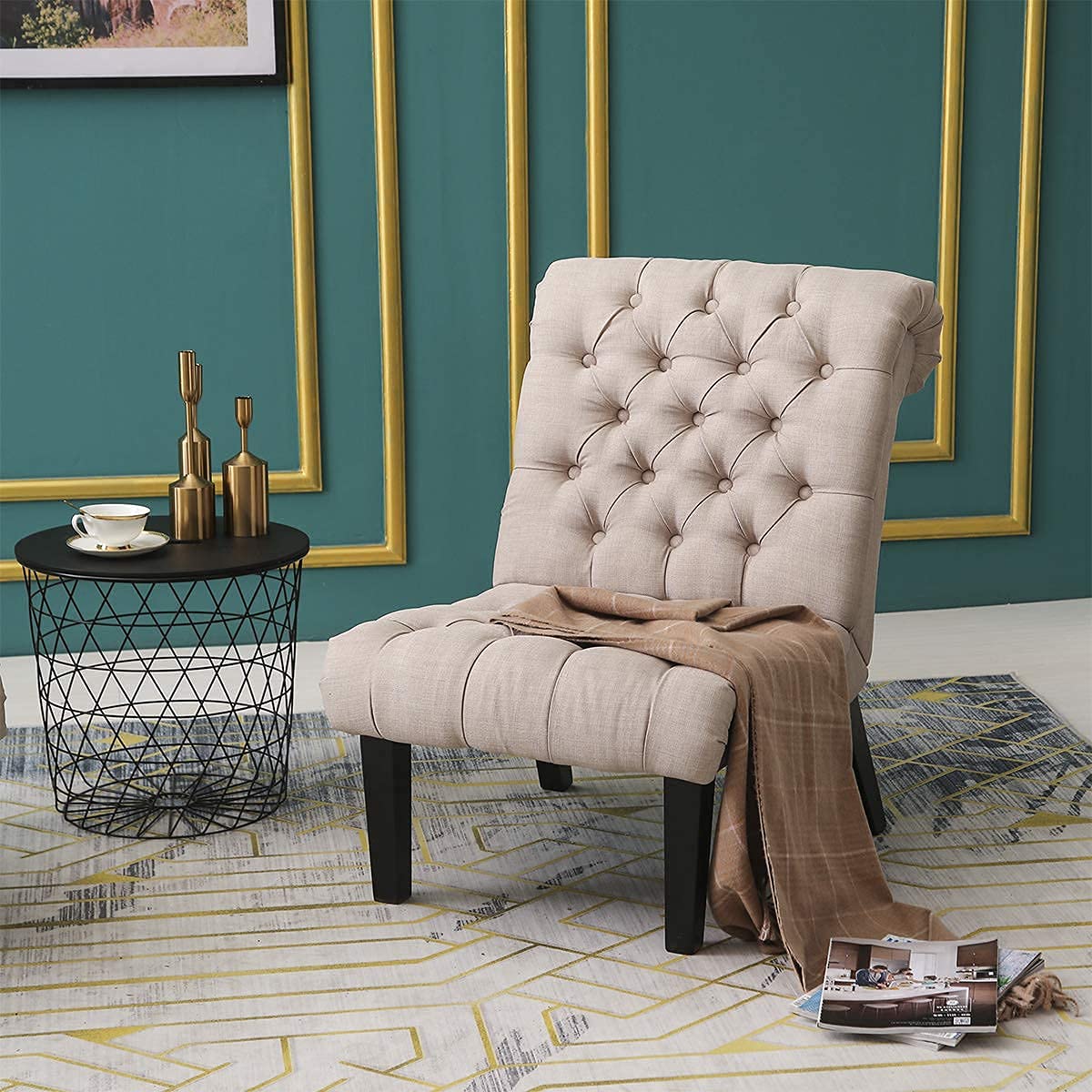 HAOBO Armless Accent Chair - Button Tufted Slipper Chair for Living Room & Bedroom - Modern Side Chair for Small Spaces, Reading Nook & Home Office Decor