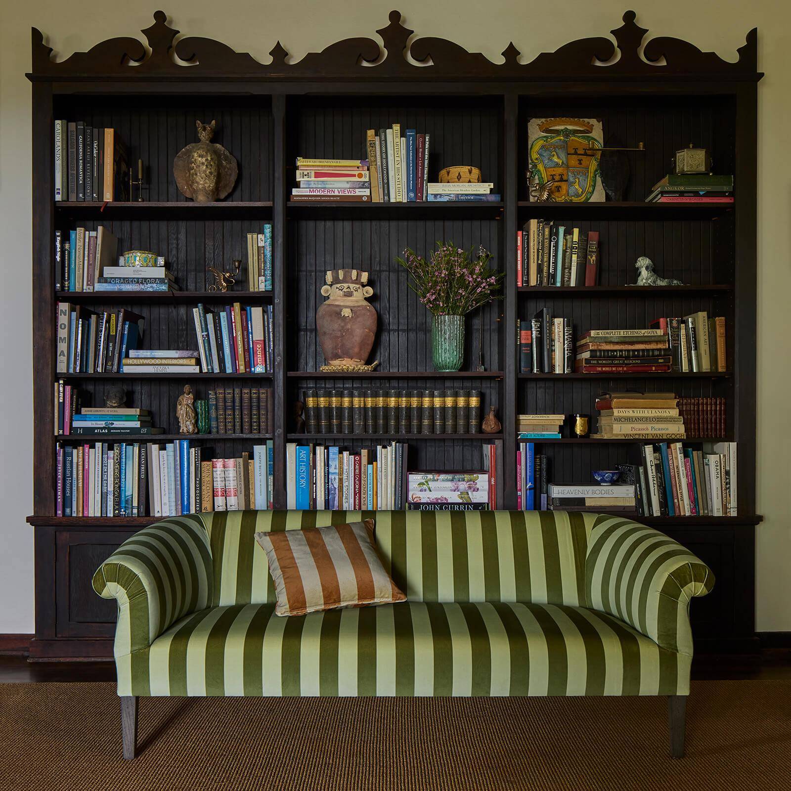 CAMELOT STRIPE Velvet Lowback Settee Sofa - Juniper Green Upholstered Loveseat for Living Room, Bedroom, or Office Decor