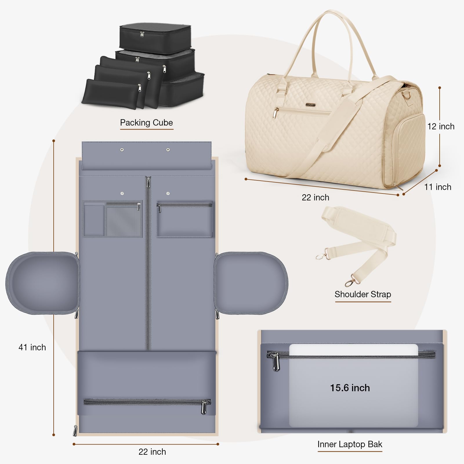 6-Piece Garment Bag Set with Convertible Weekender & Packing Cubes - Large Travel Duffle Bag for Women, Black - Perfect for Business Trips, Vacations & Airplane Carry-On