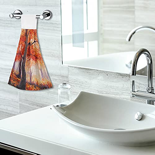 Autumn Maple Forest Kitchen Hanging Hand Towels Set of 2 - Fall Scenery Oil Painting Design, Absorbent Cotton Loop Towels for Thanksgiving - Perfect for Kitchen, Bathroom, Restroom Decor & Holiday Home Decorating