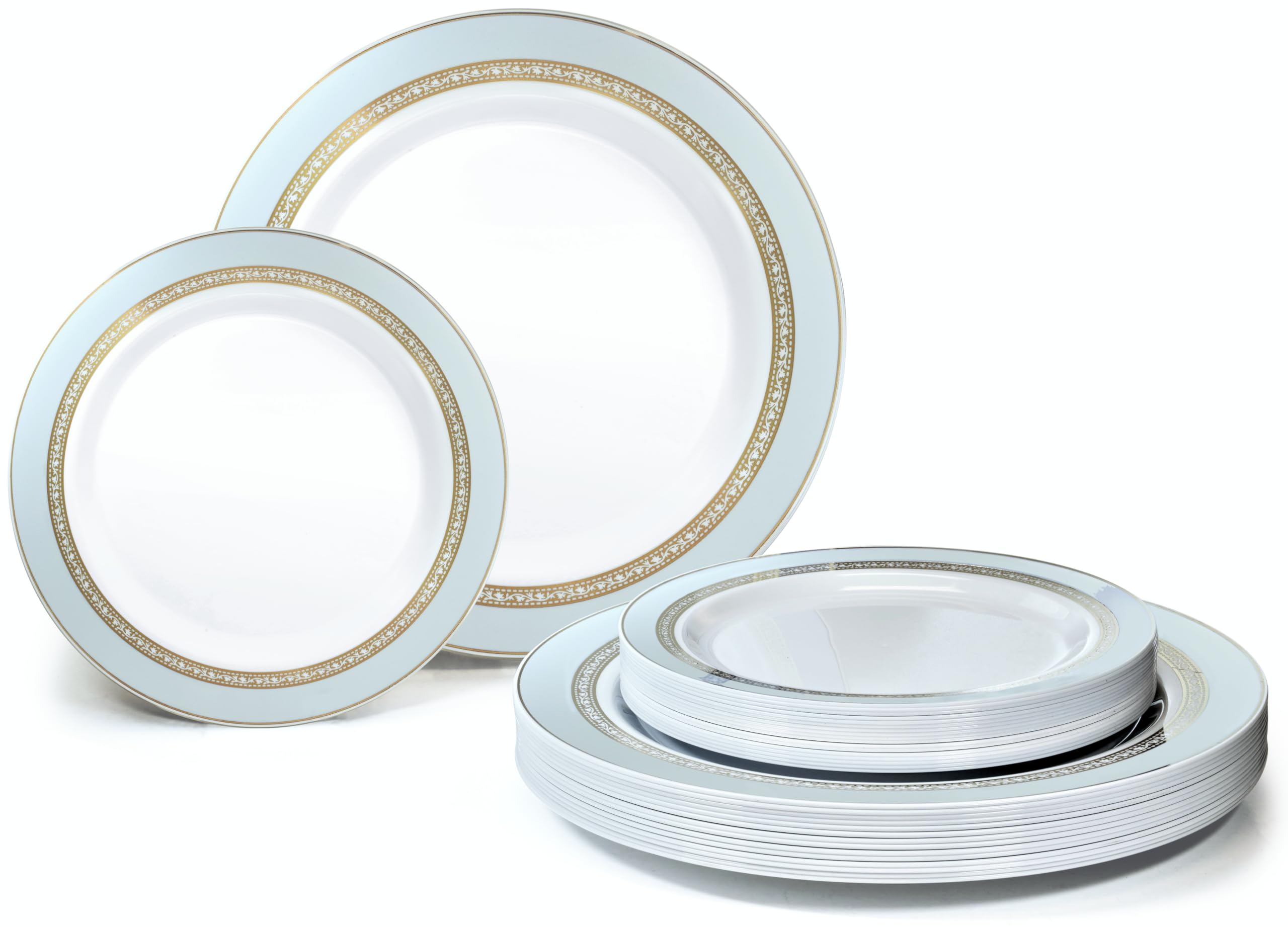 240-Pack Heavyweight Premium Disposable Plastic Plates Set - 120 x 10.5'' Dinner Plates & 120 x 7.5'' Salad/Dessert Plates (Ritz Blue & Gold) for Parties, Weddings, and Events - Elegant Disposable Tableware for 120 Guests