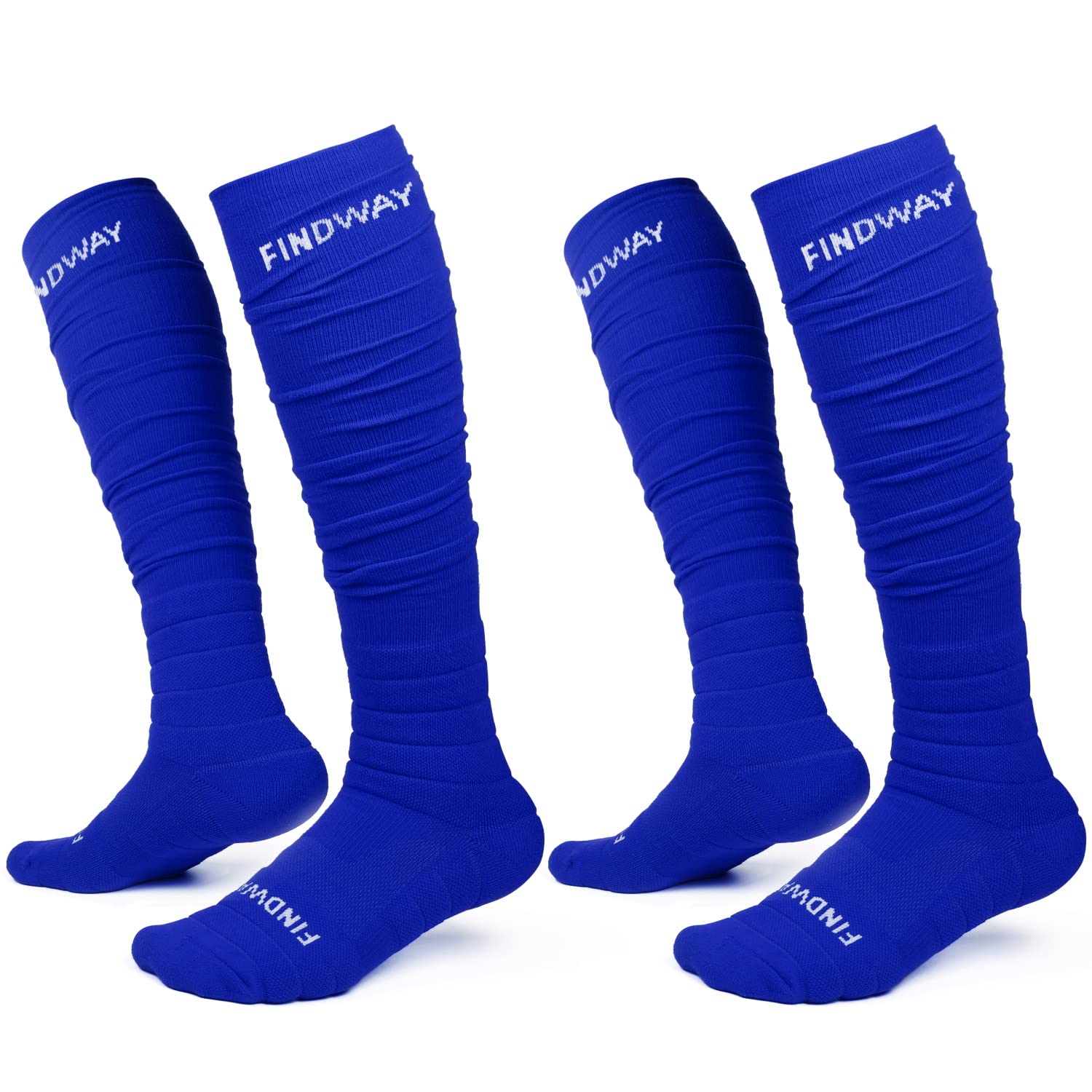 Findway Scrunch Football Socks - 2 Pairs Extra Long Padded Soccer Socks for Men & Boys | Compression Athletic Socks for Soccer, Running & Sports Performance