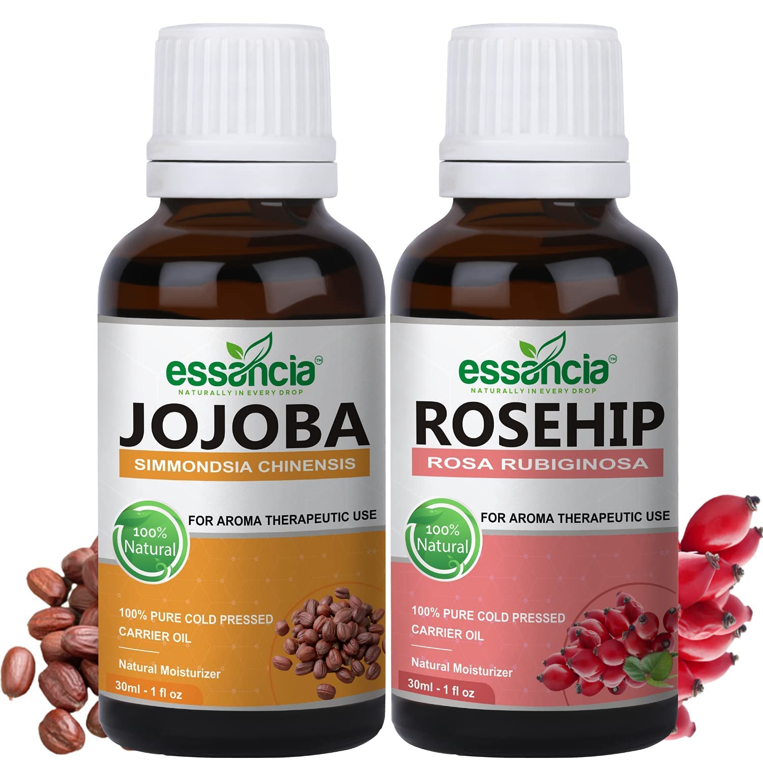 Essencia Naturally in Every Drop - Organic Cold Pressed Rosehip & Jojoba Oil Set (2 Pack) for Face Glow, Wrinkles, Acne Prone Skin, Healthy Nails & Massage | Natural Skincare & Aromatherapy for Daily Beauty Routine
