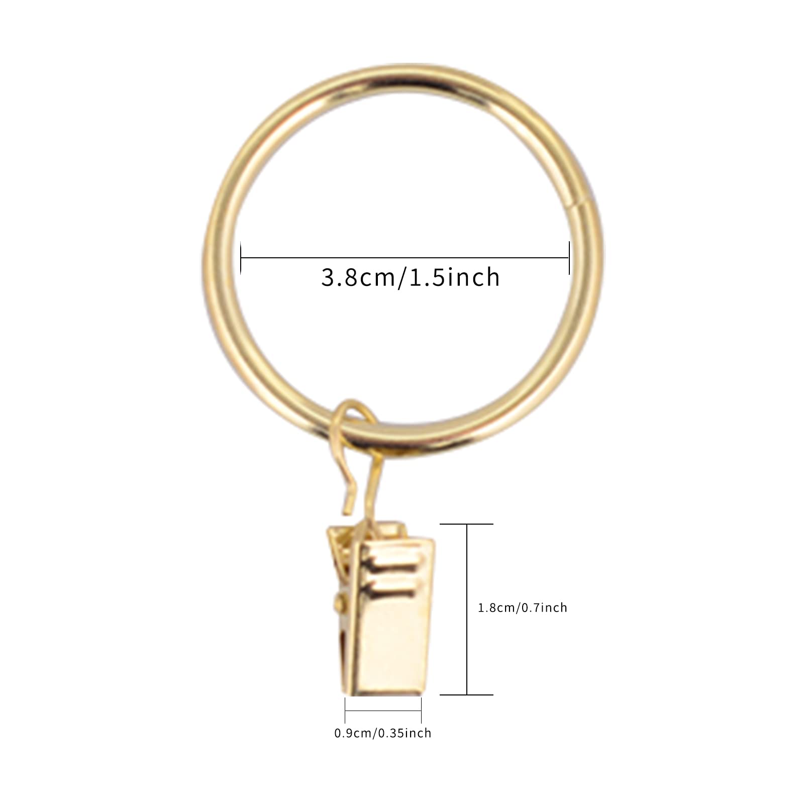 40 Pack 1.5 Inch Gold Metal Curtain Rings with Clips - Decorative Drapery Hanging Rings for Tension Rods, Bracket Eyelets & Window Treatments - Perfect for Living Room, Bedroom & Home Decor