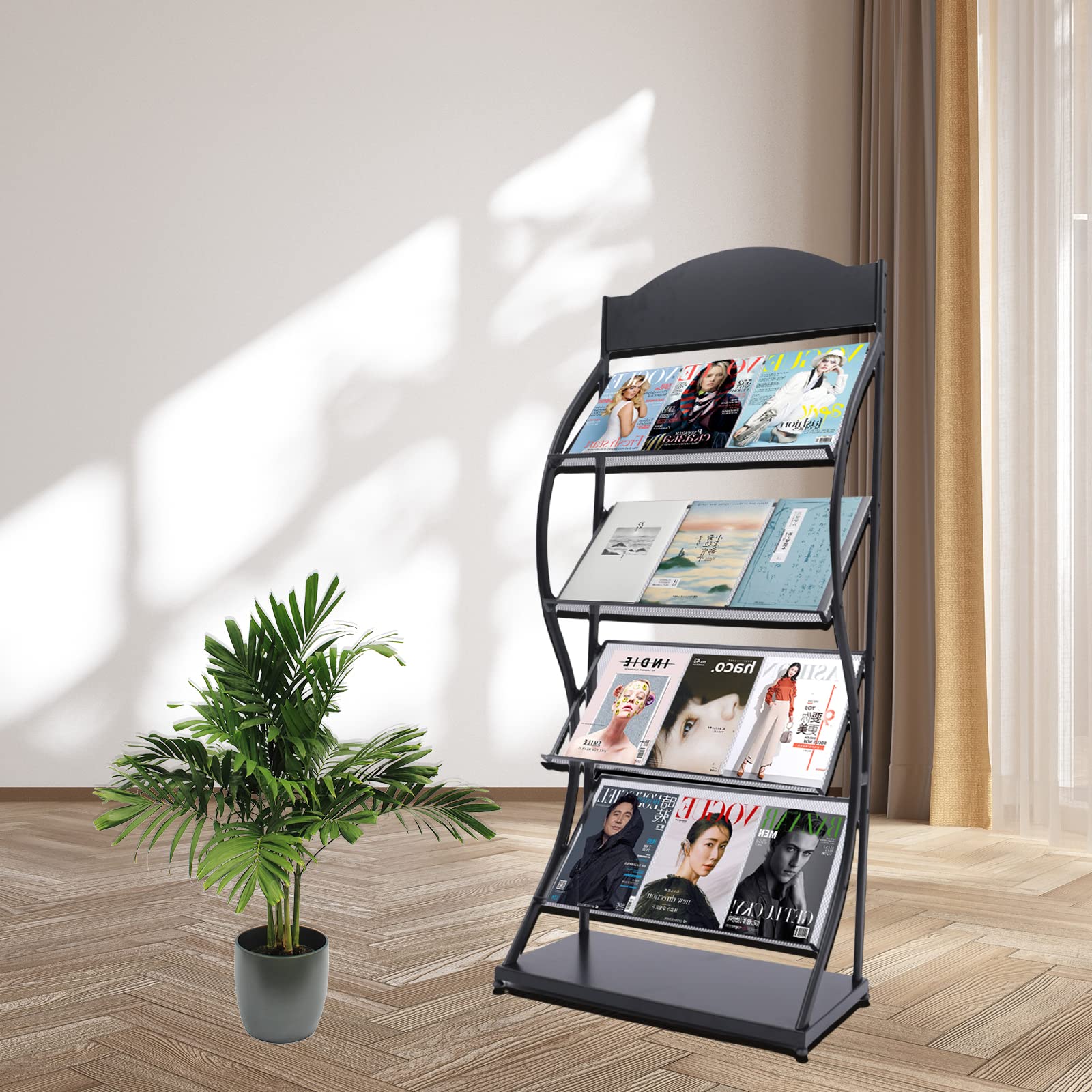 4-Tier Floor Standing Magazine Rack - Large Capacity Newspaper & Book Organizer for Magazines, Periodicals, Newspapers - Perfect for Living Room, Office, Library & Waiting Areas (Black)