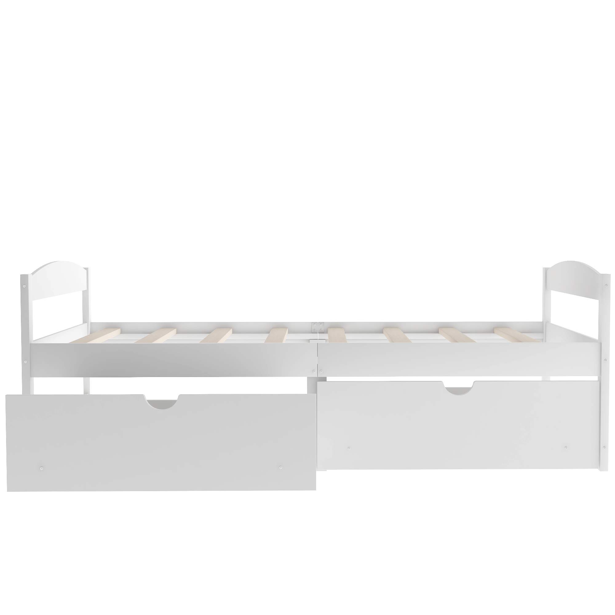 Solid Wood Twin Platform Storage Bed with 2 Drawers - No Box Spring Needed - White Sofa Bed Frame for Bedroom & Guest Room | Space-Saving Solution for Small Apartments & Dorm Rooms