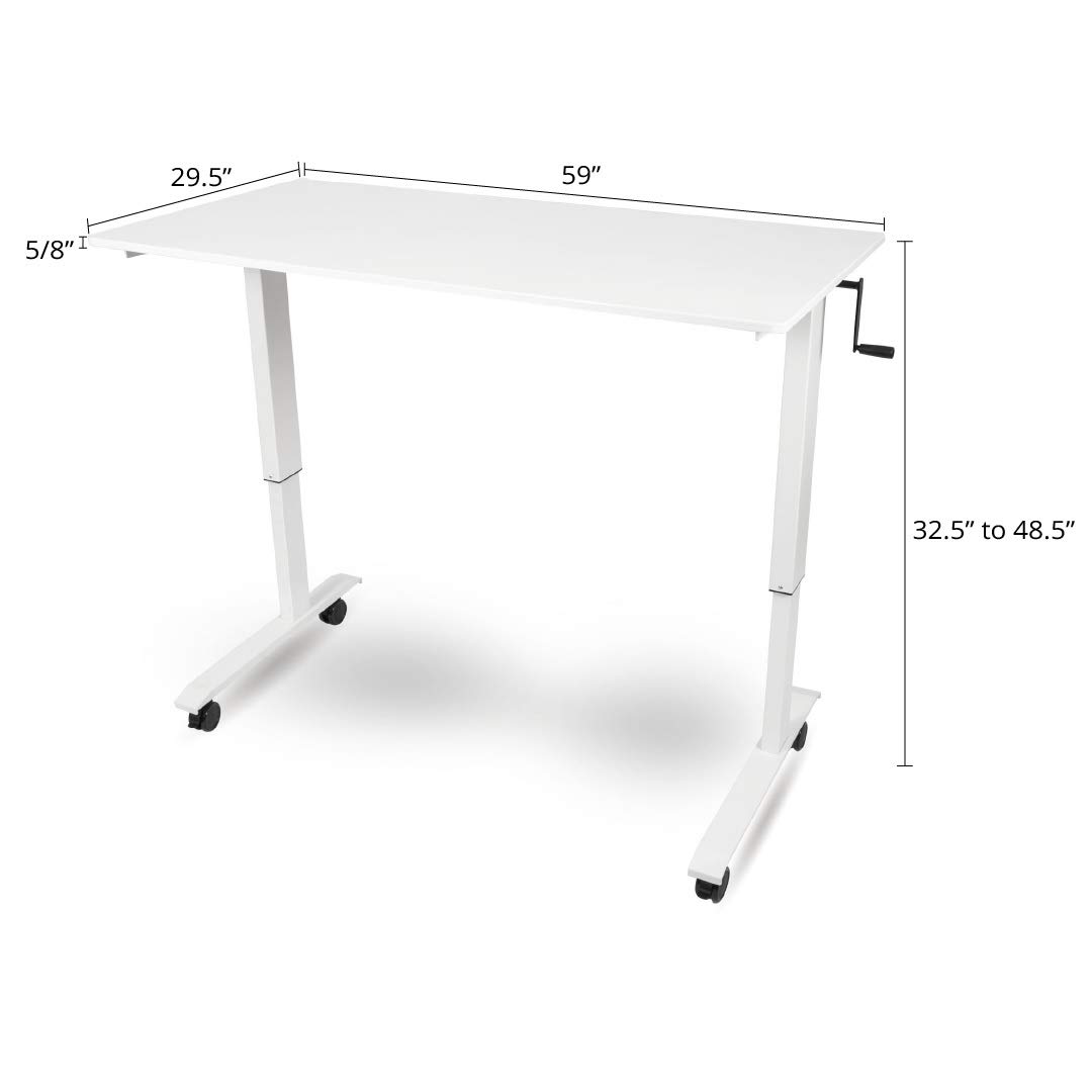 Adjustable Height Rolling Standing Desk with Crank - White Frame & Gloss White Top (60