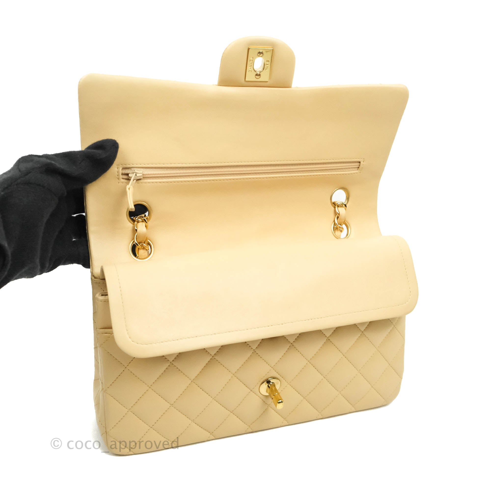 Chanel Classic Medium Double Flap Bag in Beige Lambskin Leather with Gold Hardware - Luxury Designer Handbag for Women, Perfect for Work, Date Night & Special Occasions