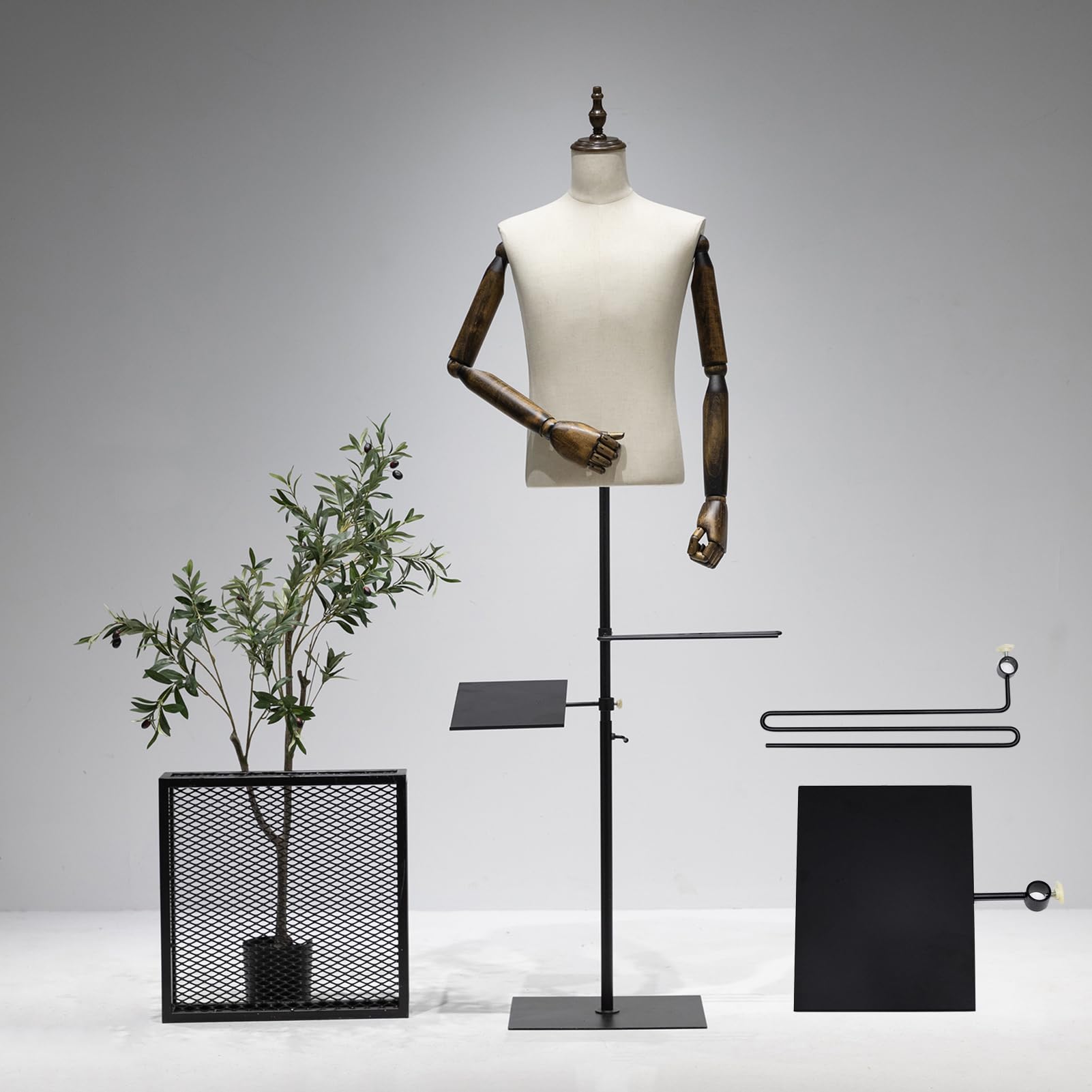 Adjustable 53-76 Inch Male Dress Form Mannequin with Wooden Arms & Metal Stand - Detachable Trousers Rack & Shoe Holder - Pinnable Torso for Clothing Display | Perfect for Retail Stores, Tailoring Shops & Fashion Design Studios