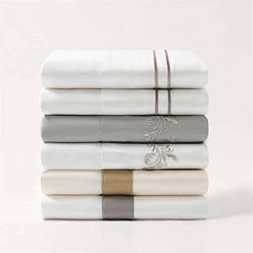 Premium 350 Thread Count Queen Sheet Set - 4 Piece White & Gray Flange Border Cotton Bedding (1 Flat Sheet, 1 Fitted Sheet, 2 Pillowcases) | Modern Luxury Bedroom Decor for Master Suite, Guest Room & Hotel Style Comfort