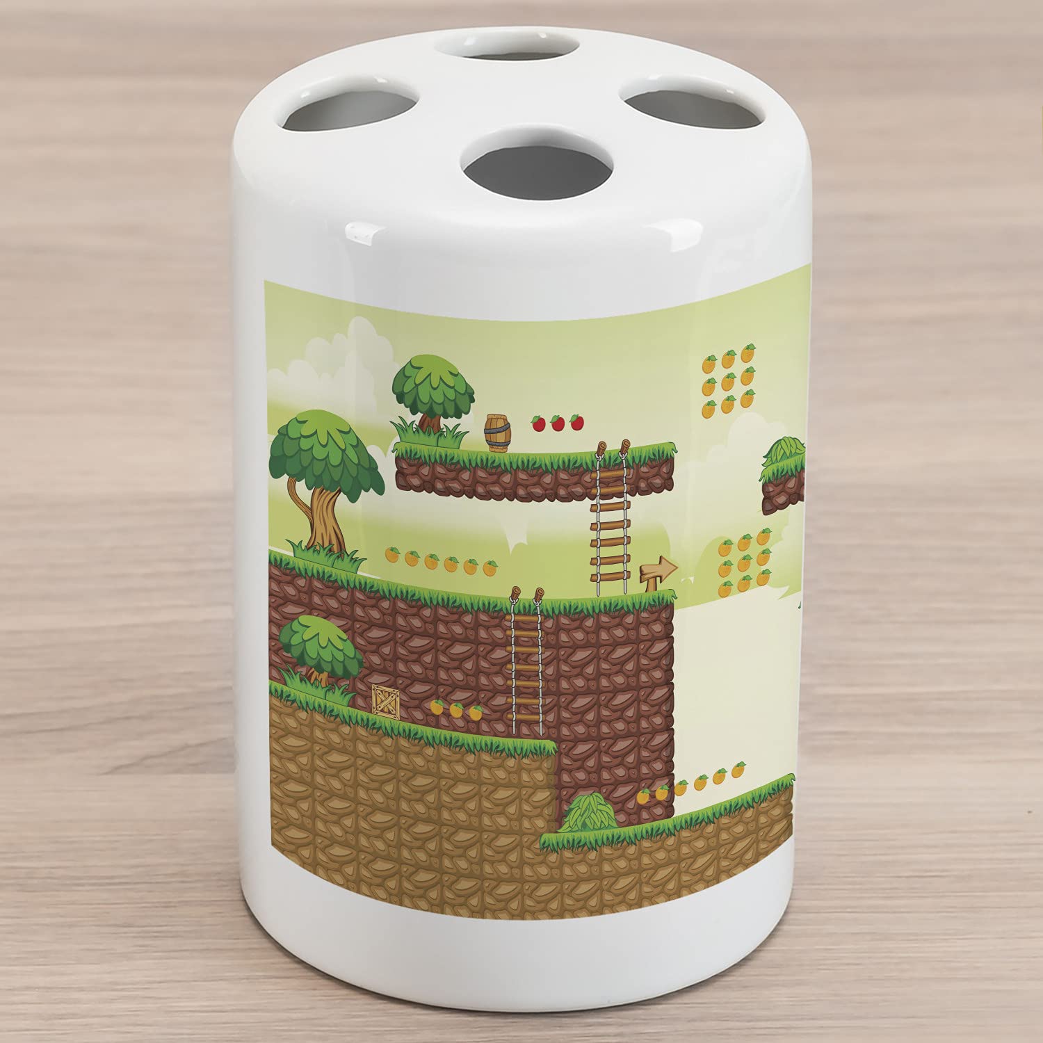 Ambesonne Arcade Themed Ceramic Toothbrush Holder - Video Game Inspired Bathroom Decor with Trees & Ground Tiles Design - 4.5