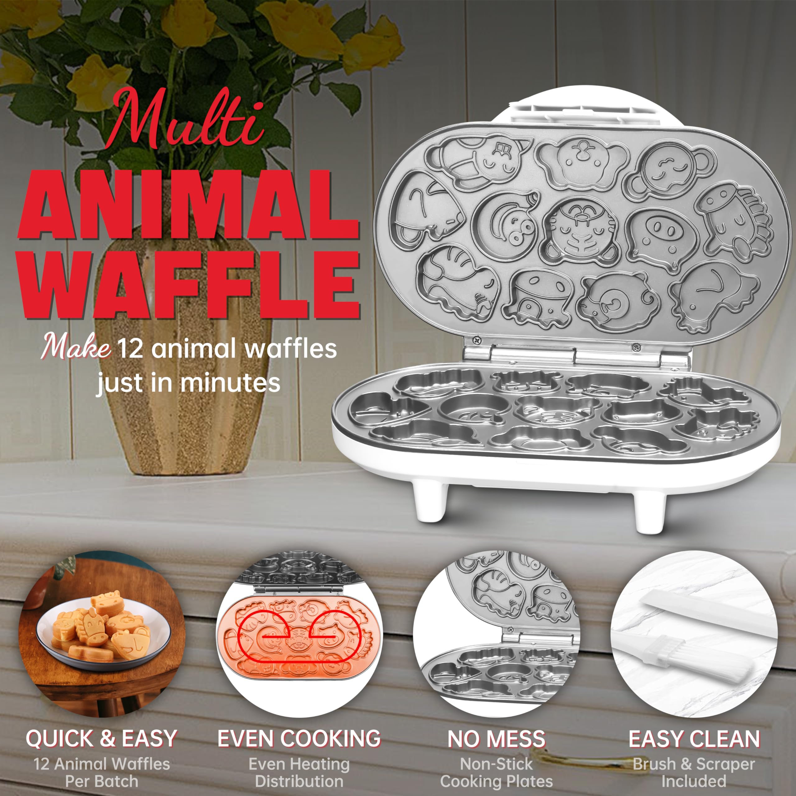 Mini Waffle Maker for Kids & Adults - 12 Animal-Shaped Pancake Molds, Non-Stick Electric Waffle Iron Machine - Perfect for Breakfast, Birthday Gifts & Holiday Cooking Fun (Christmas, Easter, Valentine's Day)