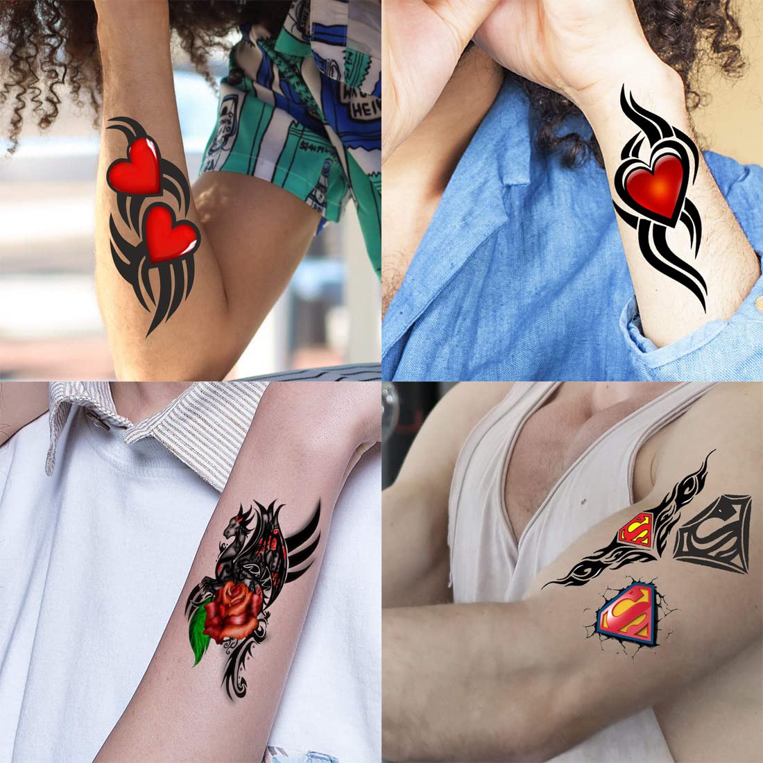 Pack of 4 Heart Mom Dad Tribal Temporary Tattoos for Men & Women - Waterproof Fake Body Art Stickers (2x4 Inch) - Perfect for Parties, Festivals & Family Events
