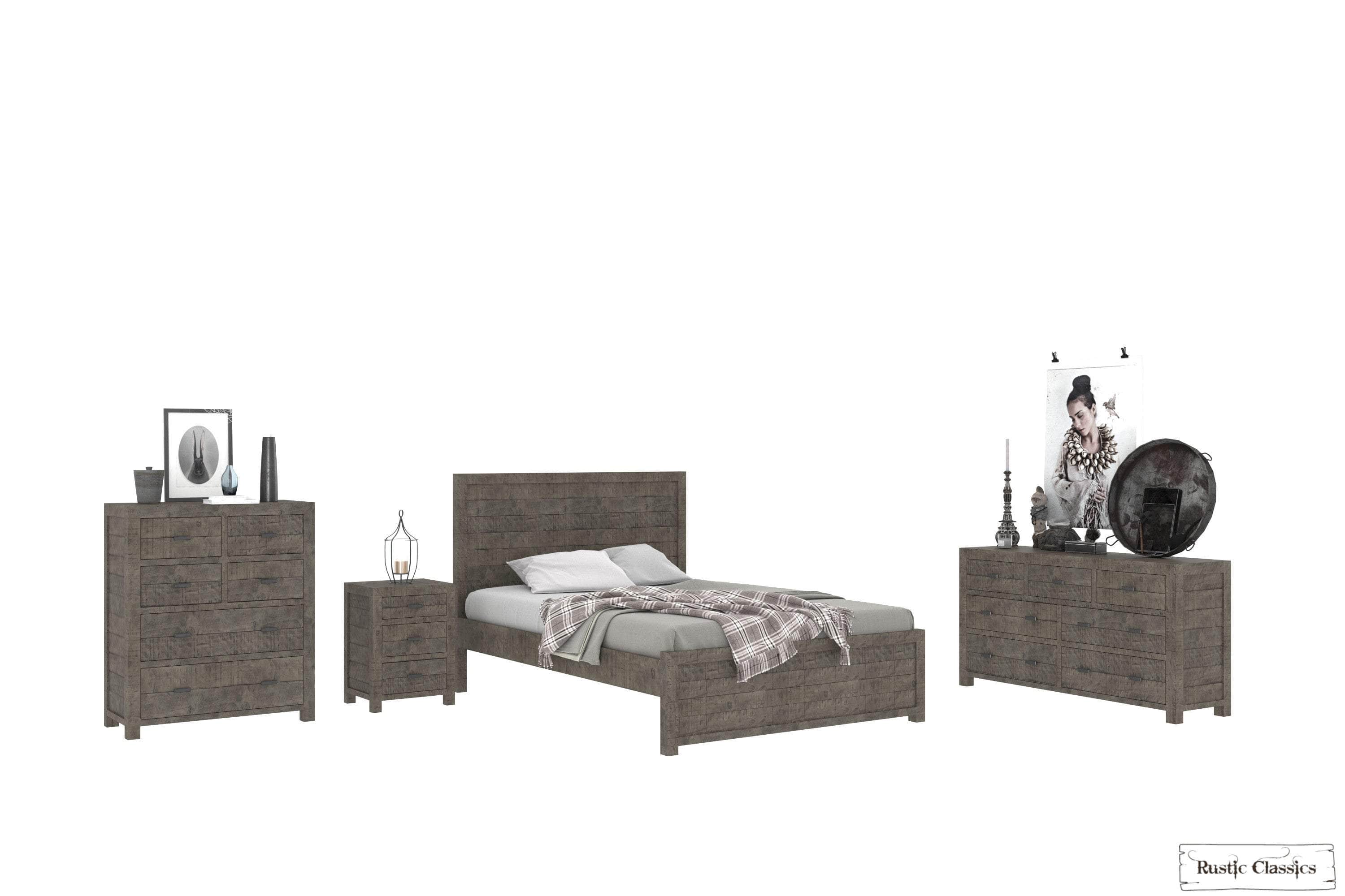Whistler 4-Piece Reclaimed Wood Platform Bedroom Set in Grey - Queen/King Size - Rustic Modern Bed Frame with Nightstands & Dresser for Cozy Master Bedroom