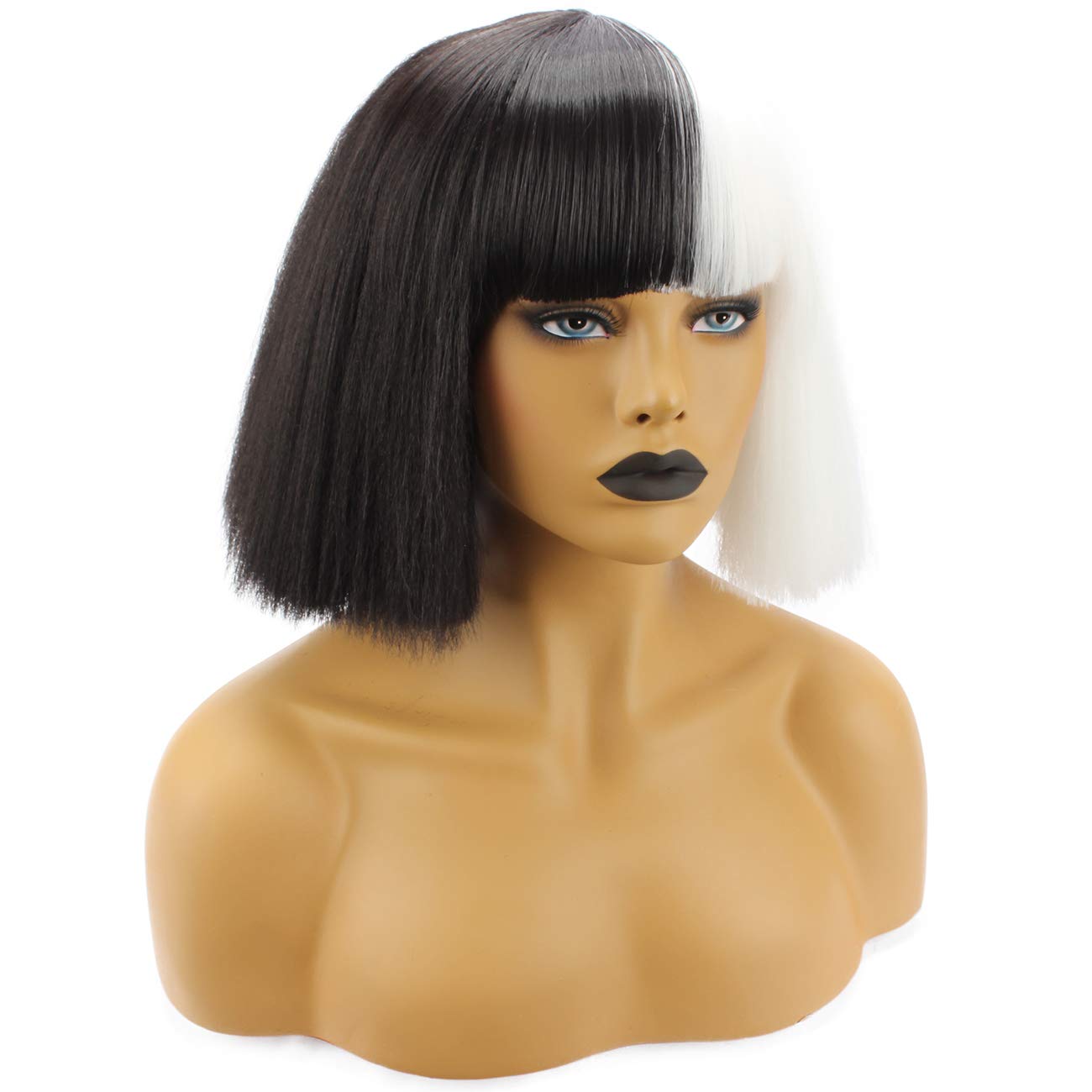 Halloween Wigs for Women - Short Bob Kinky Straight Synthetic Wig with Full Bangs in Black & White | Perfect for Cosplay, Costume Parties & Halloween Events