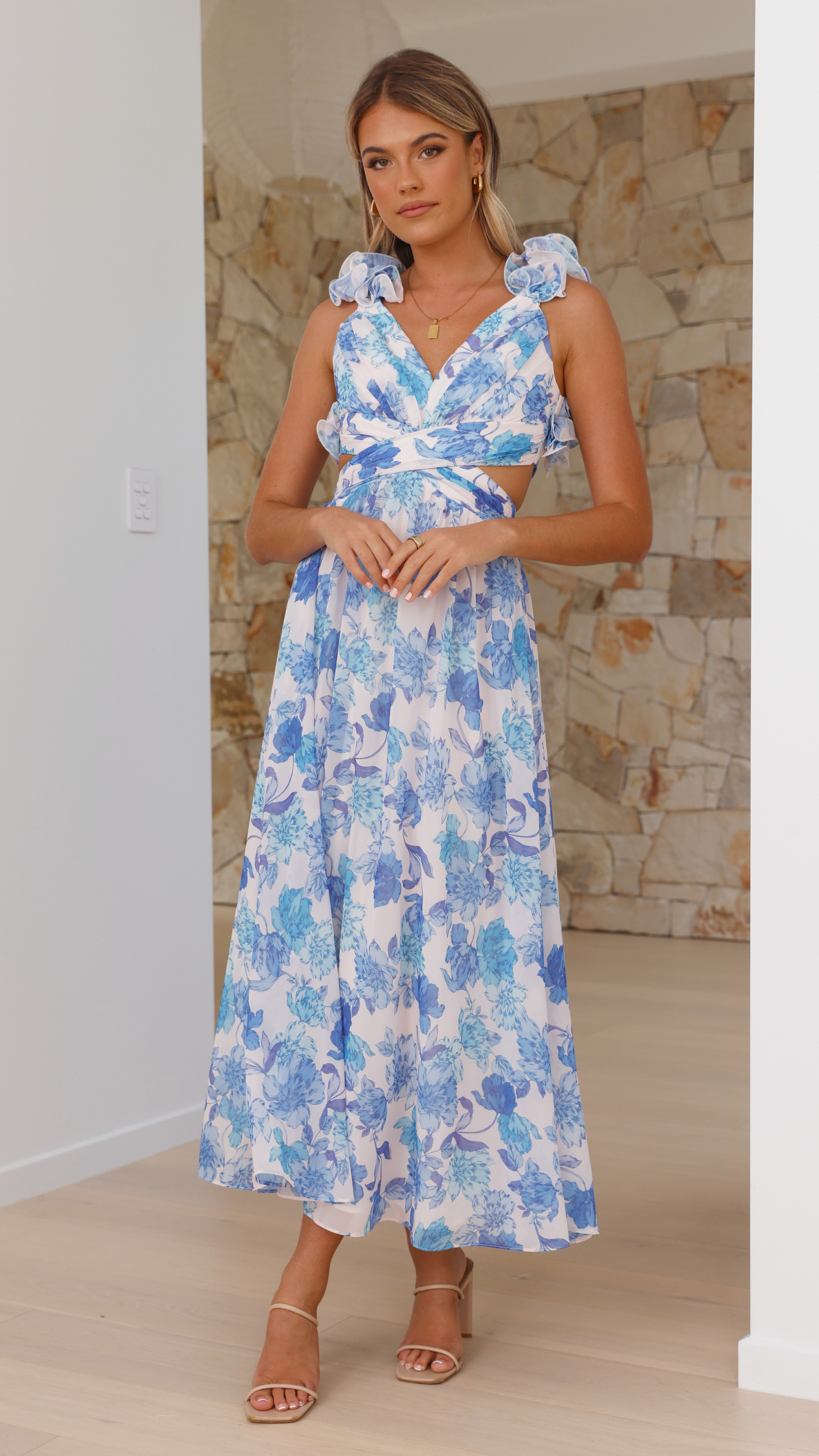Galilhai Maxi Dress - Blue Floral Print Long Summer Dress for Women | Beach Vacation, Party & Casual Wear