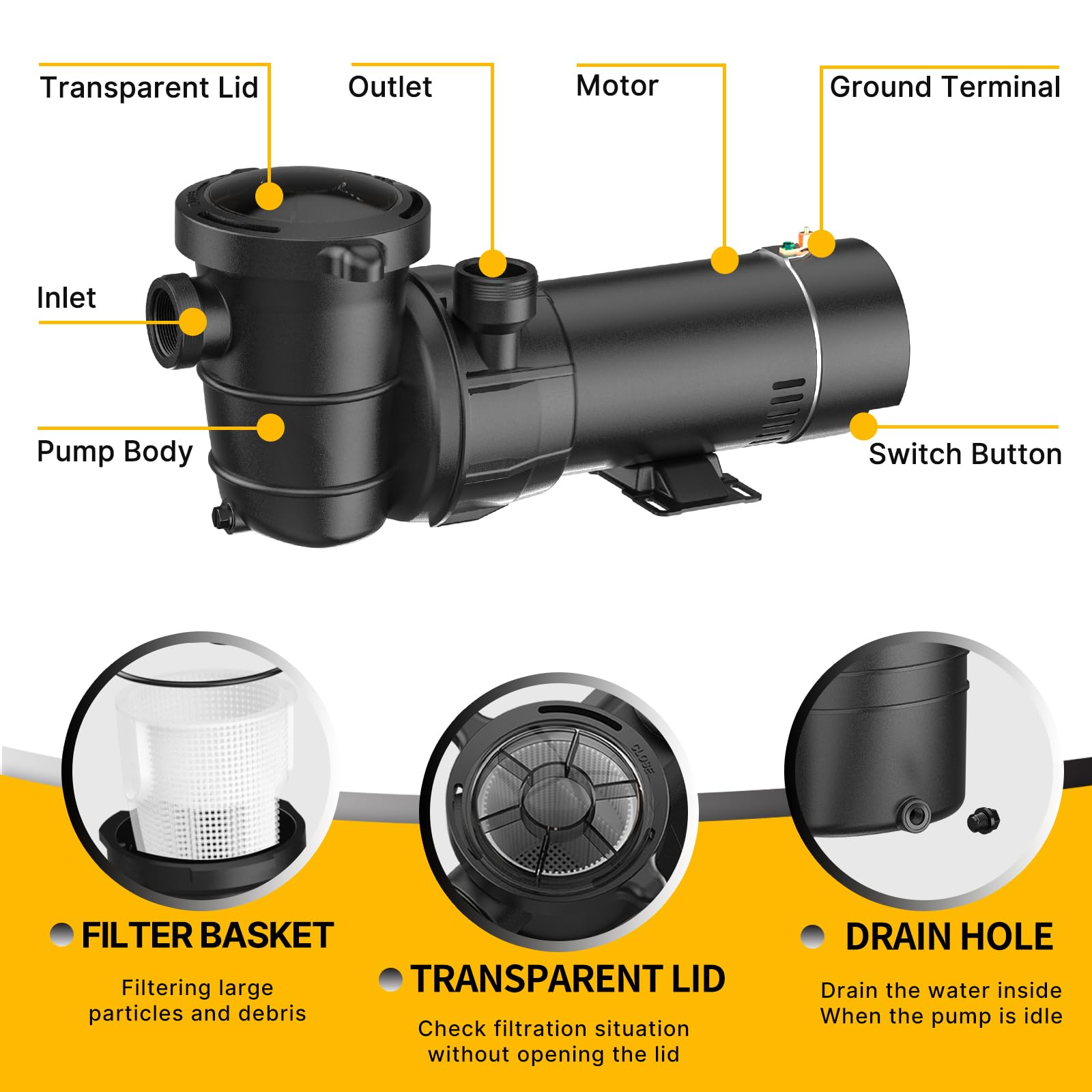 2 HP High-Efficiency Pool Pump | 4800GPH Flow Rate | Energy Star Certified | ON/OFF Switch | 1-1.25