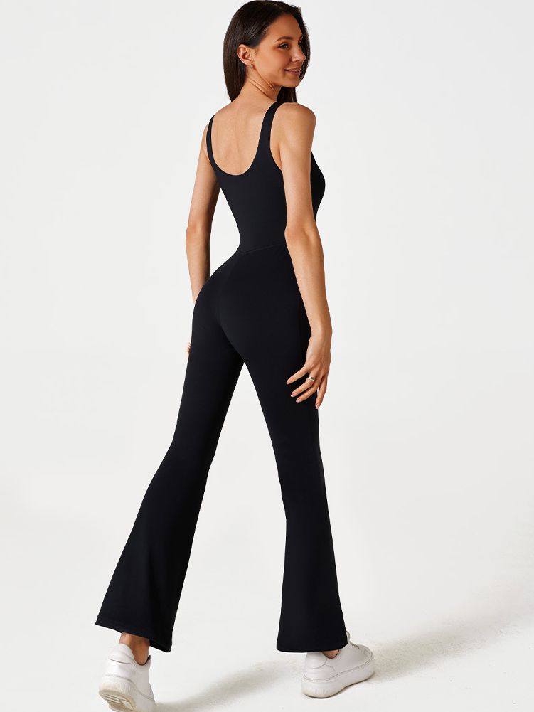 ZASUWA Women's Solid Color Zipper Flare Seamless Jumpsuit - Stylish One-Piece Romper for Casual Wear, Night Out & Party Outfits