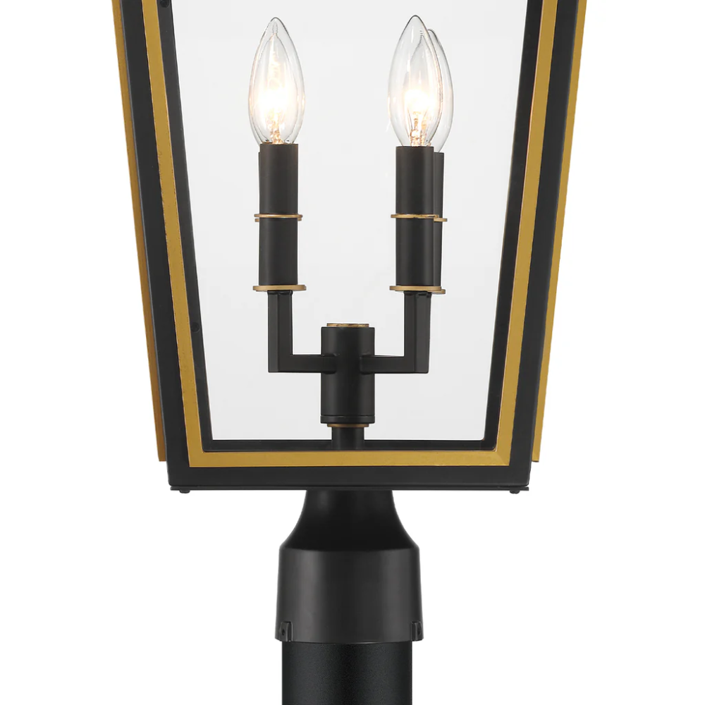 Hawkins 4-Light Outdoor Post Lantern - 12x25 Inch Stainless Steel & Glass Matte Black with Textured Gold Finish - 120V E12 Candelabra Base LED Bulb Sockets - Farmhouse Style Lighting for Patio, Garden, Deck, Porch, Walkway and Exterior Posts - Weather-Resistant Outdoor Lighting Solution